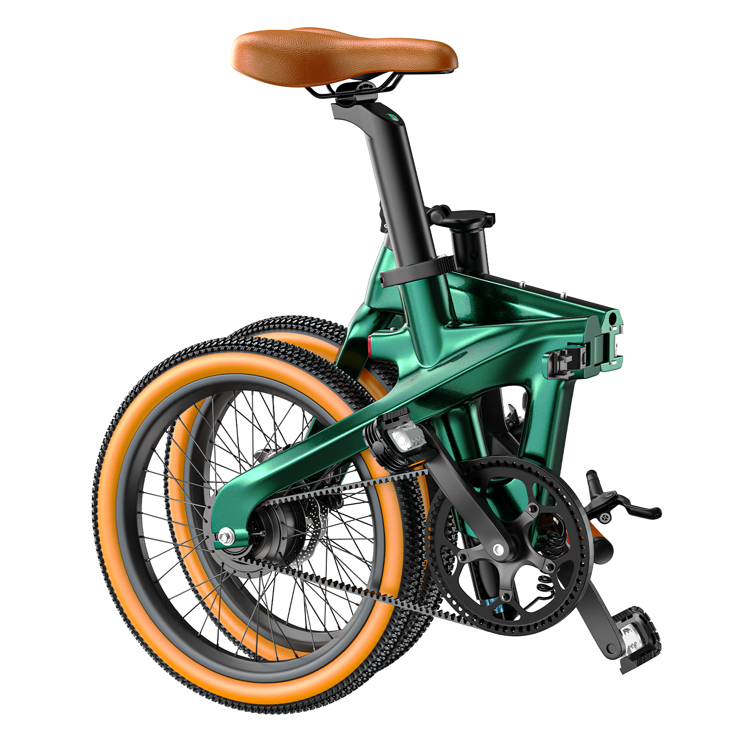Zielony rower składany z brązowym siodełkiem i pomarańczowymi obręczami.