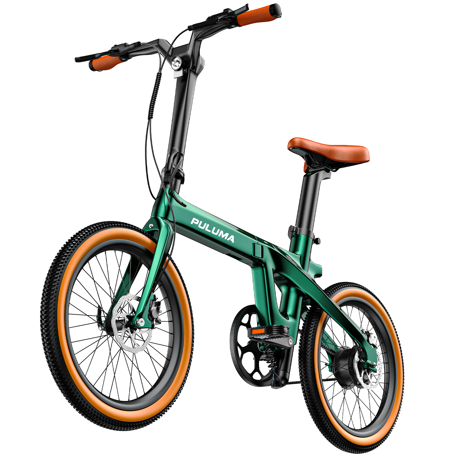 Składany zielony rower z brązowymi uchwytami i siodełkiem, pomarańczowymi oponami.