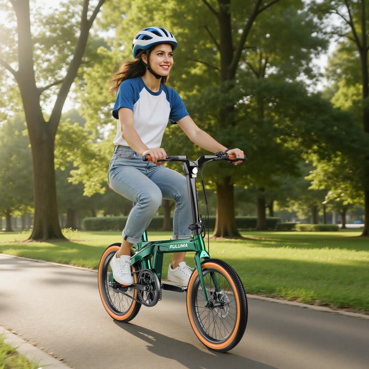 Kobieta w kasku jedzie zielonym rowerem składanym po ścieżce w parku.