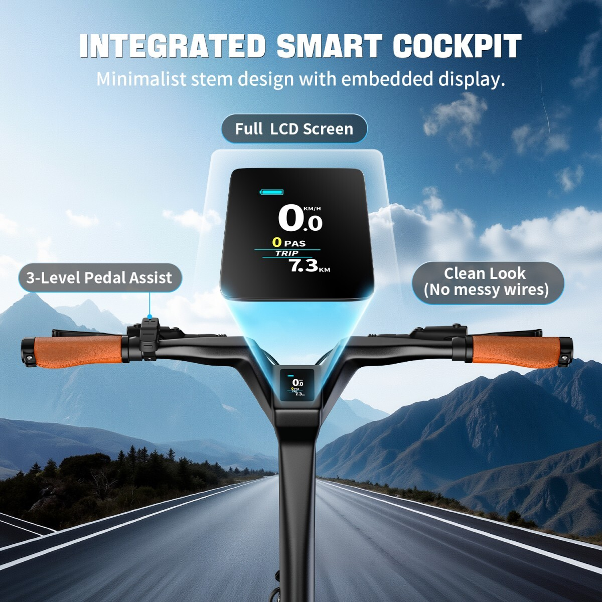 Zintegrowany inteligentny kokpit z ekranem LCD, pomarańczowymi uchwytami i górskim tłem.