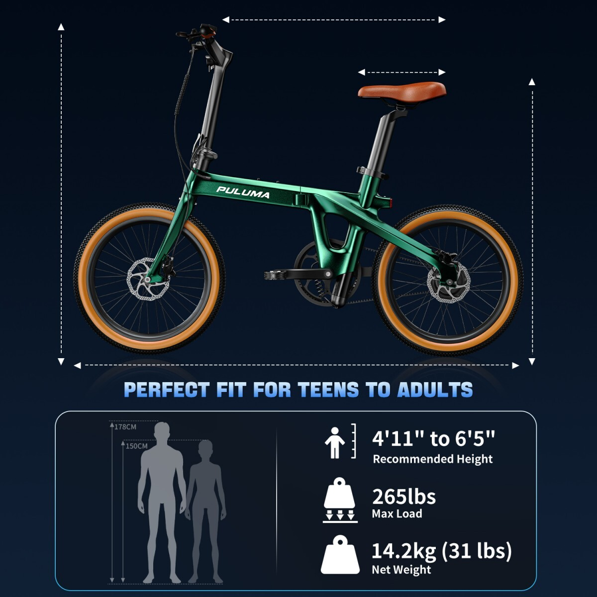 Składany zielony rower z brązowym siodełkiem i beżowymi oponami.