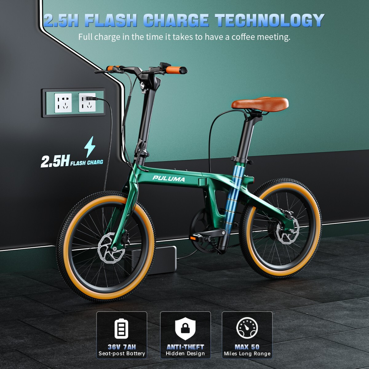 Zielony składany rower elektryczny z pomarańczowymi chwytami, brązowym siodłem, ładuje się.