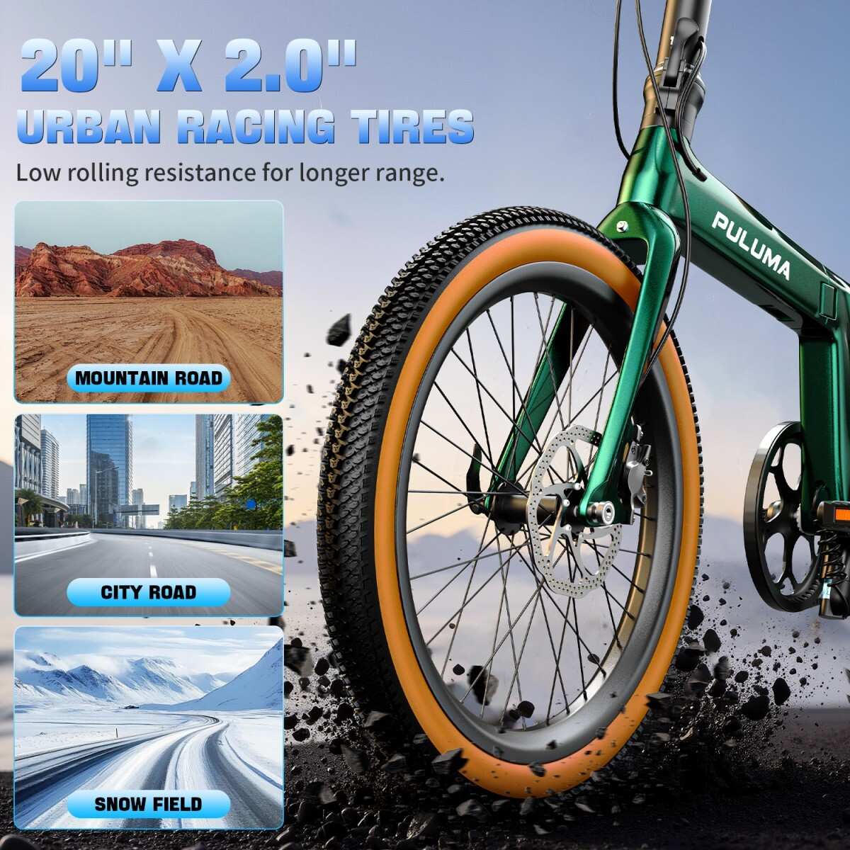 Zielony rower z oponami 20" x 2.0", pokazany na drogach górskich, miejskich i śnieżnych.