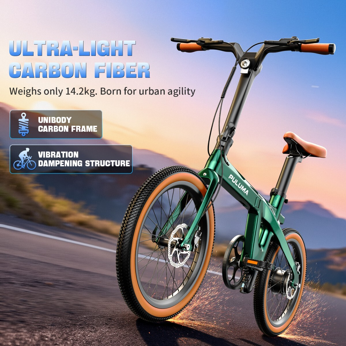 Zielony rower składany z pomarańczowymi uchwytami i siodełkiem na drodze. Ultralekki karbon.