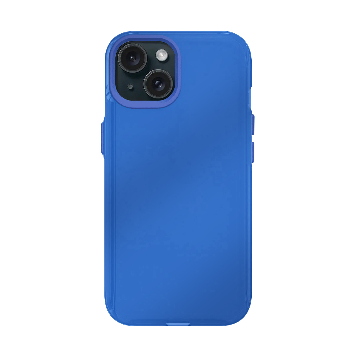 Une coque de téléphone bleue avec découpe double caméra sur fond blanc.