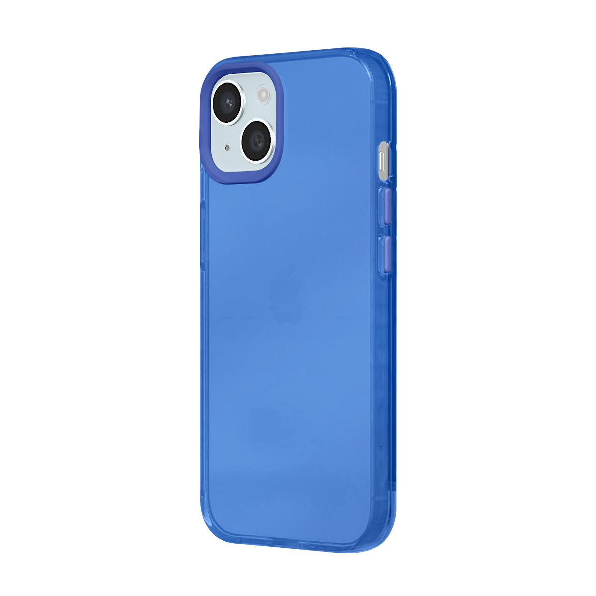 Coque de téléphone bleue avec deux objectifs photo et boutons latéraux.