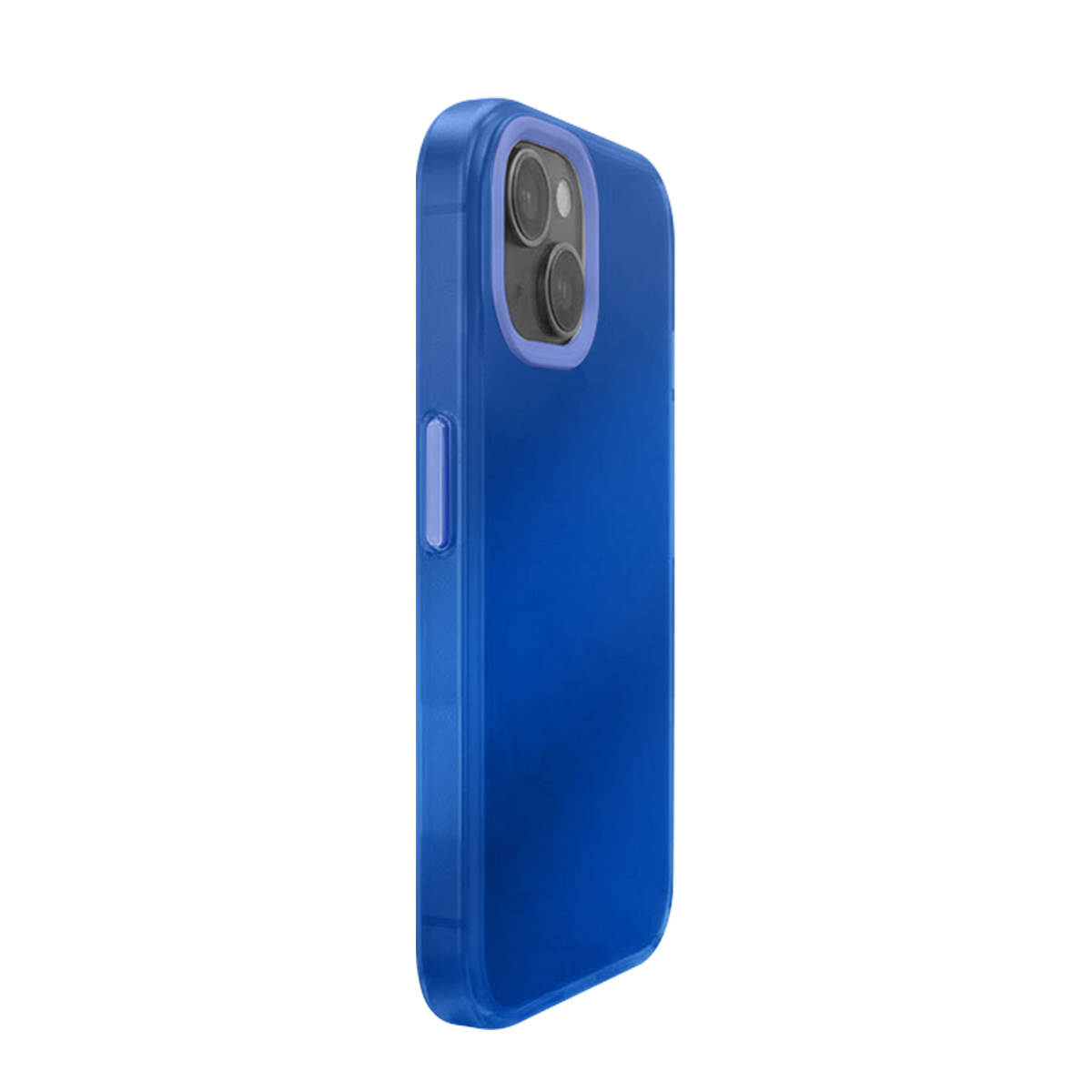Coque de téléphone bleue avec double objectif et bouton latéral.