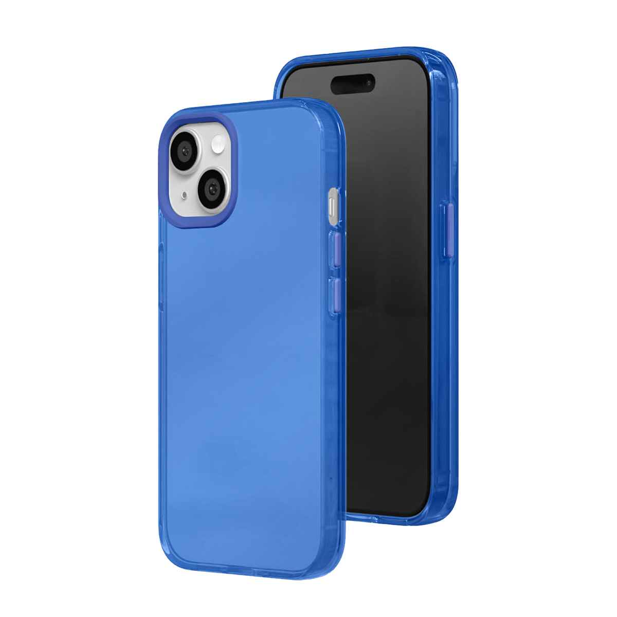 Deux coques de téléphone bleues, une devant, une derrière. Contour de caméra blanc.