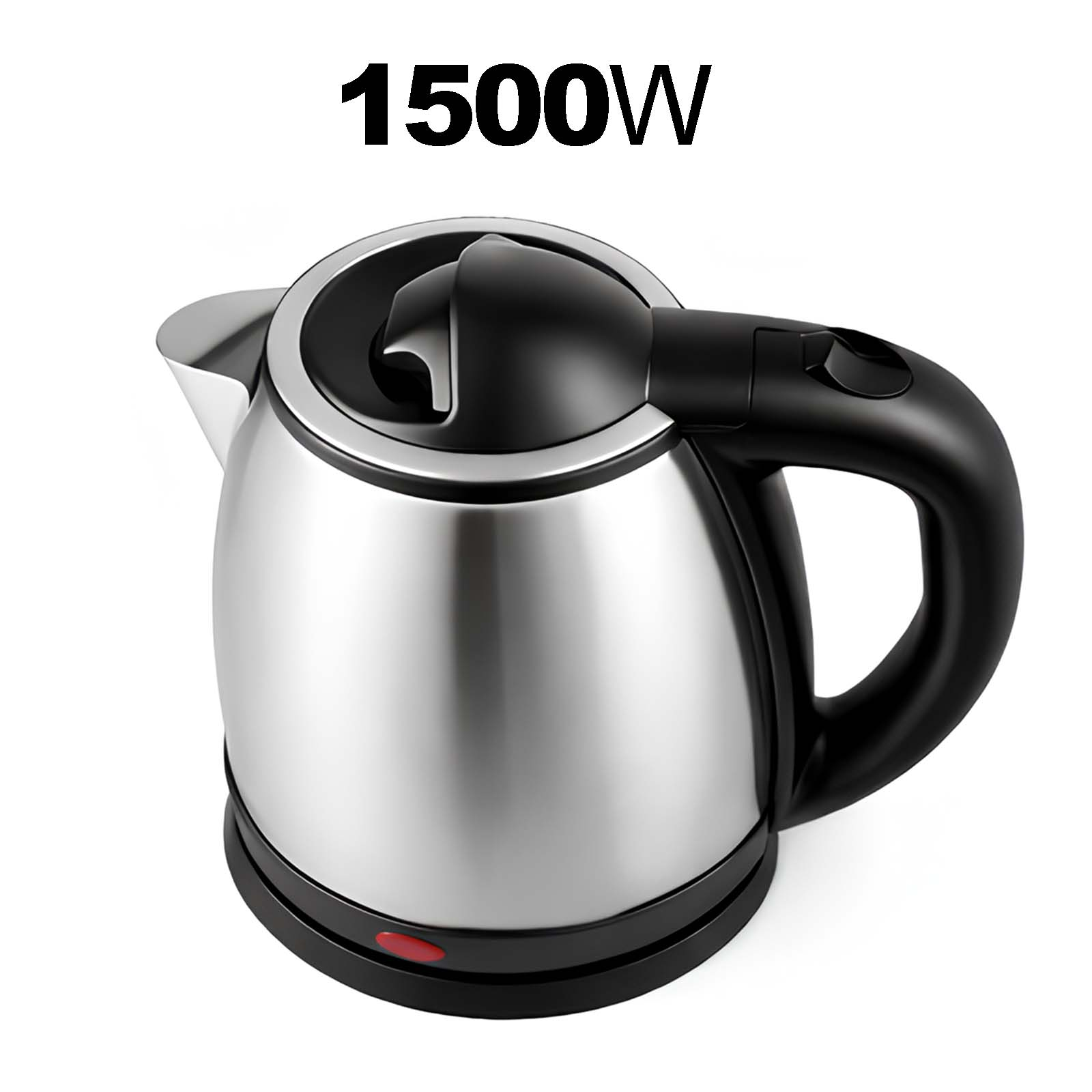 Ein silberner Wasserkocher mit schwarzem Griff und Deckel, 1500W.