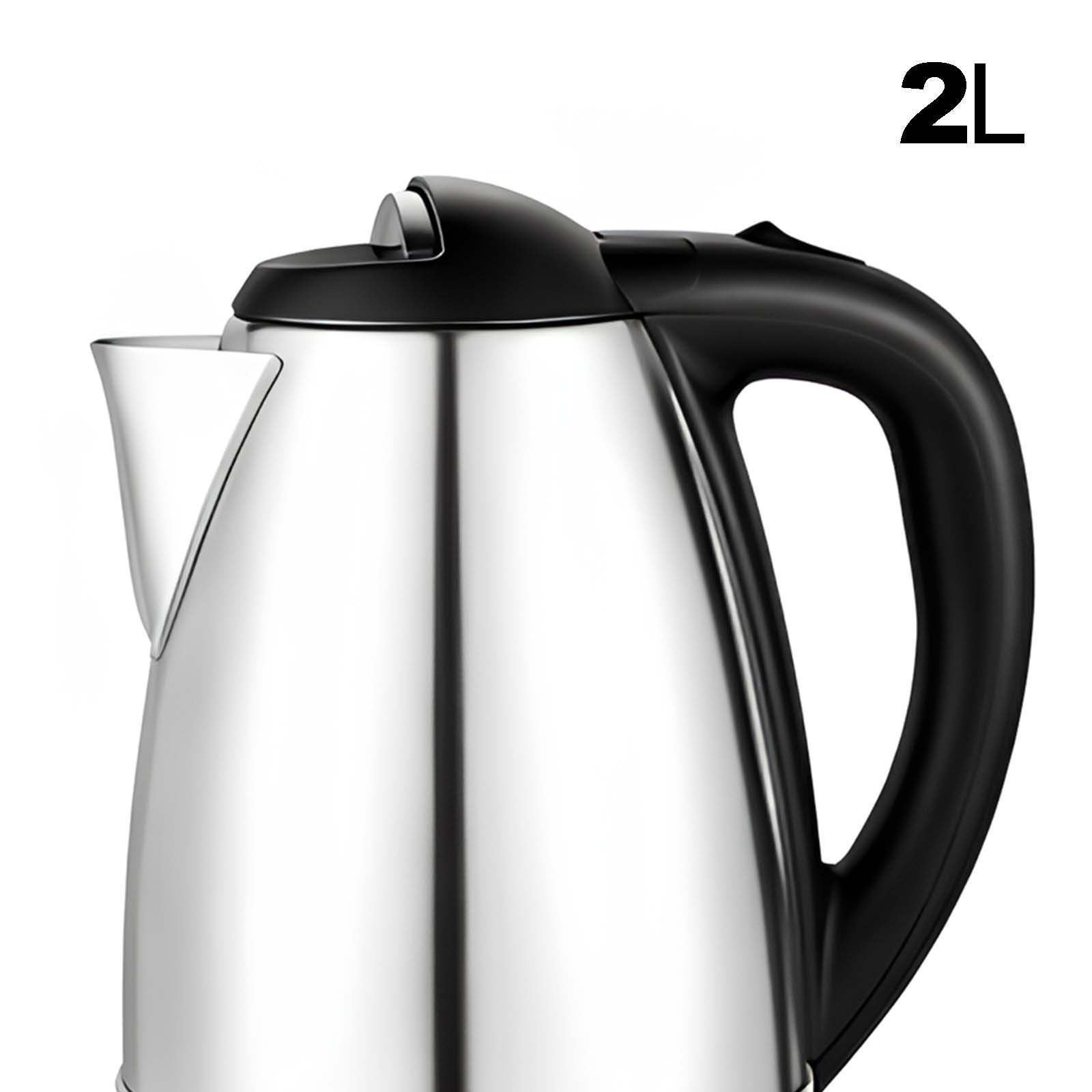 Edelstahl-Wasserkocher mit schwarzem Griff und 2L-Kapazitätsangabe.