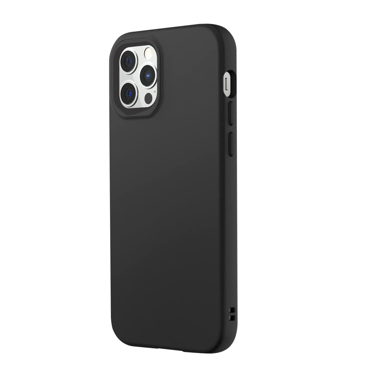 Zwarte telefoonhoes met cameramodule en zijknopen, op witte achtergrond.