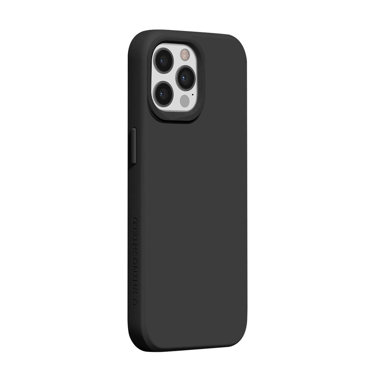 Zwarte telefoonhoes met vieruitsparing voor camera op witte achtergrond.