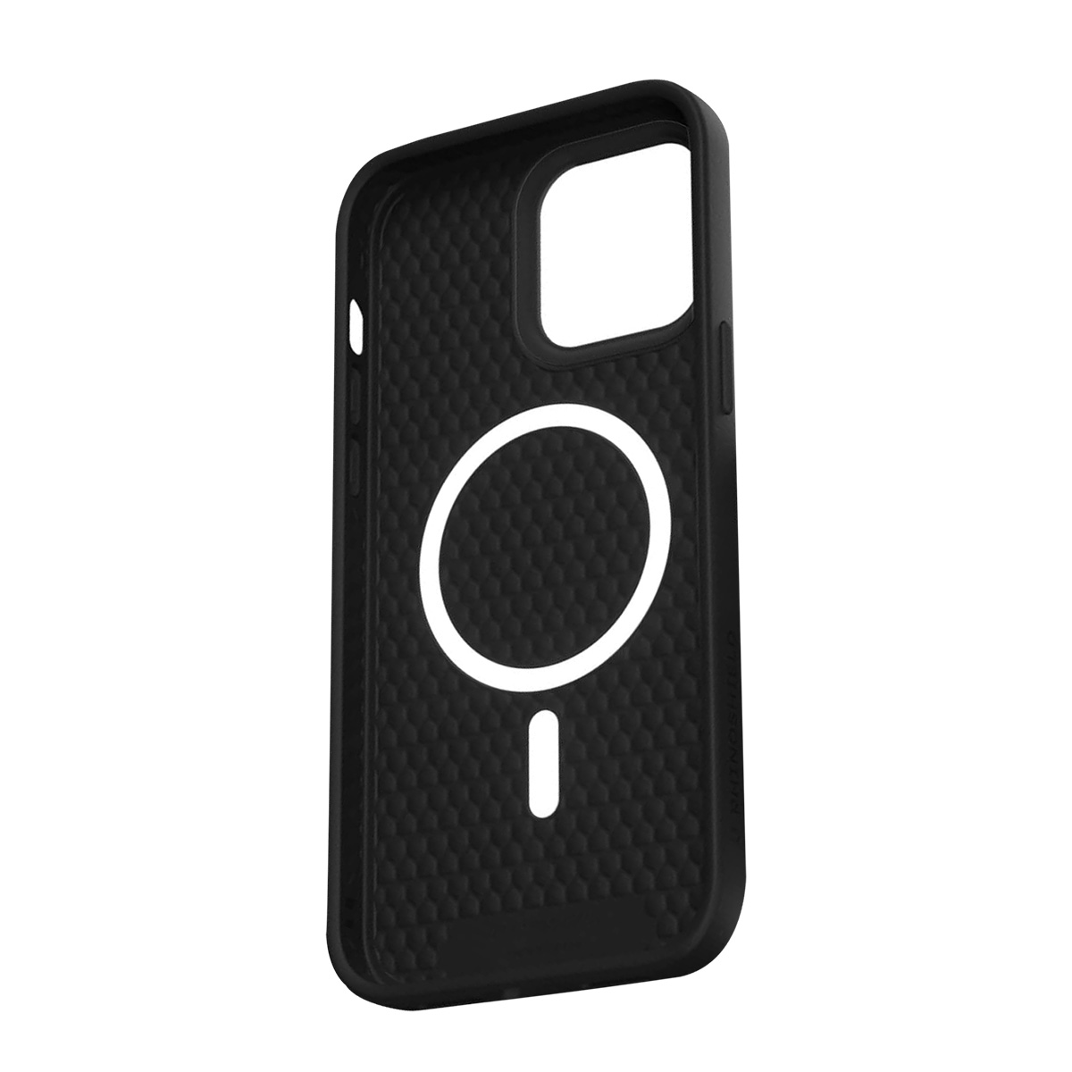 Zwarte telefoonhoes met magneetring en honingraatpatroon.