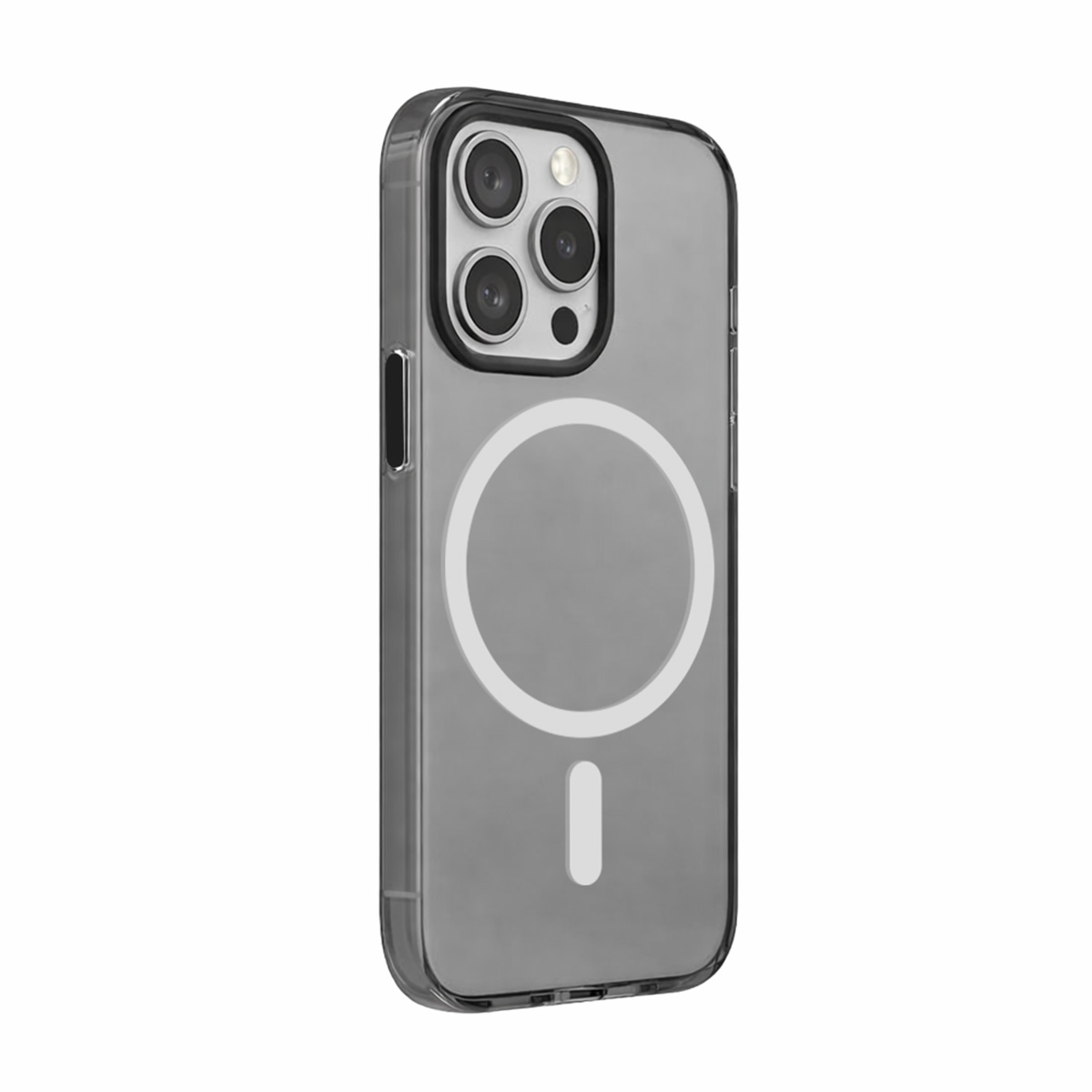 Grijze telefoonhoes met drie cameralenzen en een wit cirkelsymbool.
