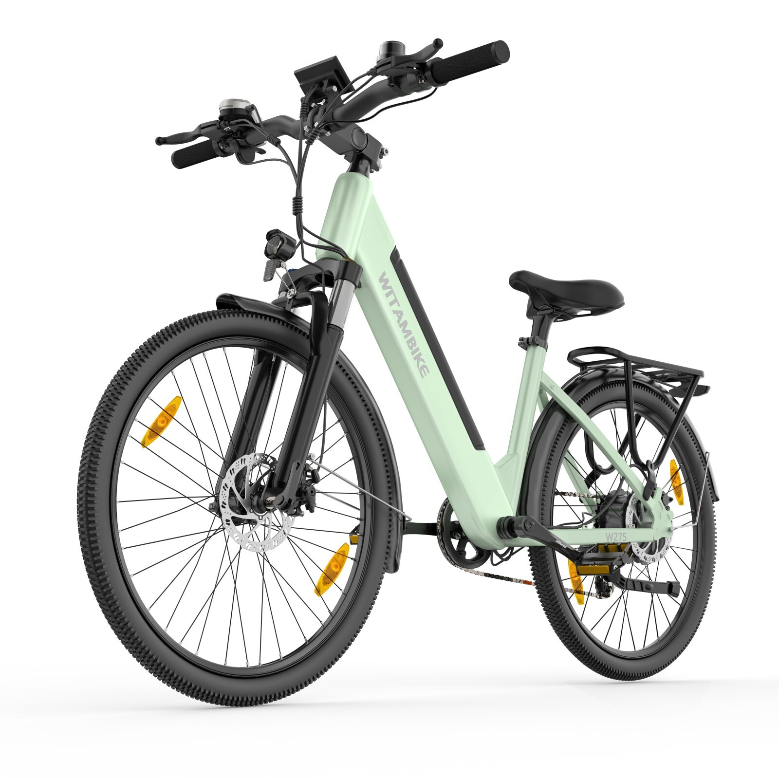 Jasnozielony rower elektryczny z czarnym siodełkiem, bagażnikiem i oponami.