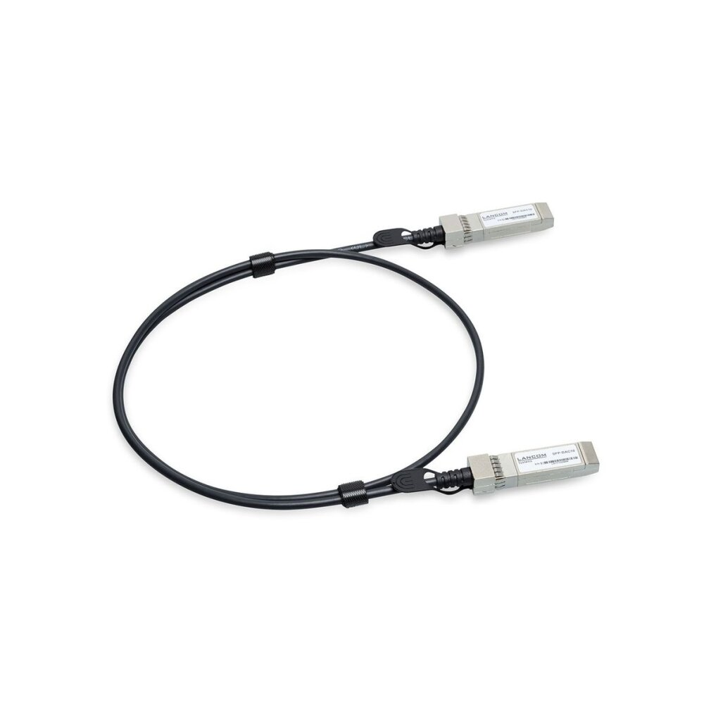 Ein schwarzes Kabel mit zwei silbernen SFP-Modulen und schwarzen Steckern.