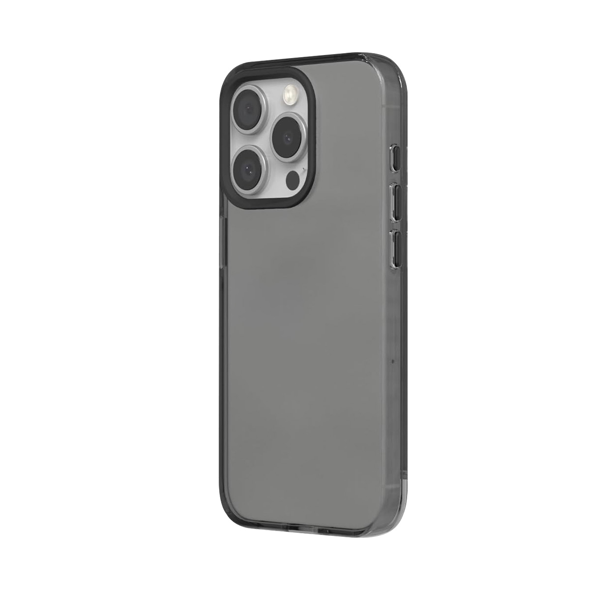 Una cover per telefono grigio fumo con bordo nero e tre obiettivi.