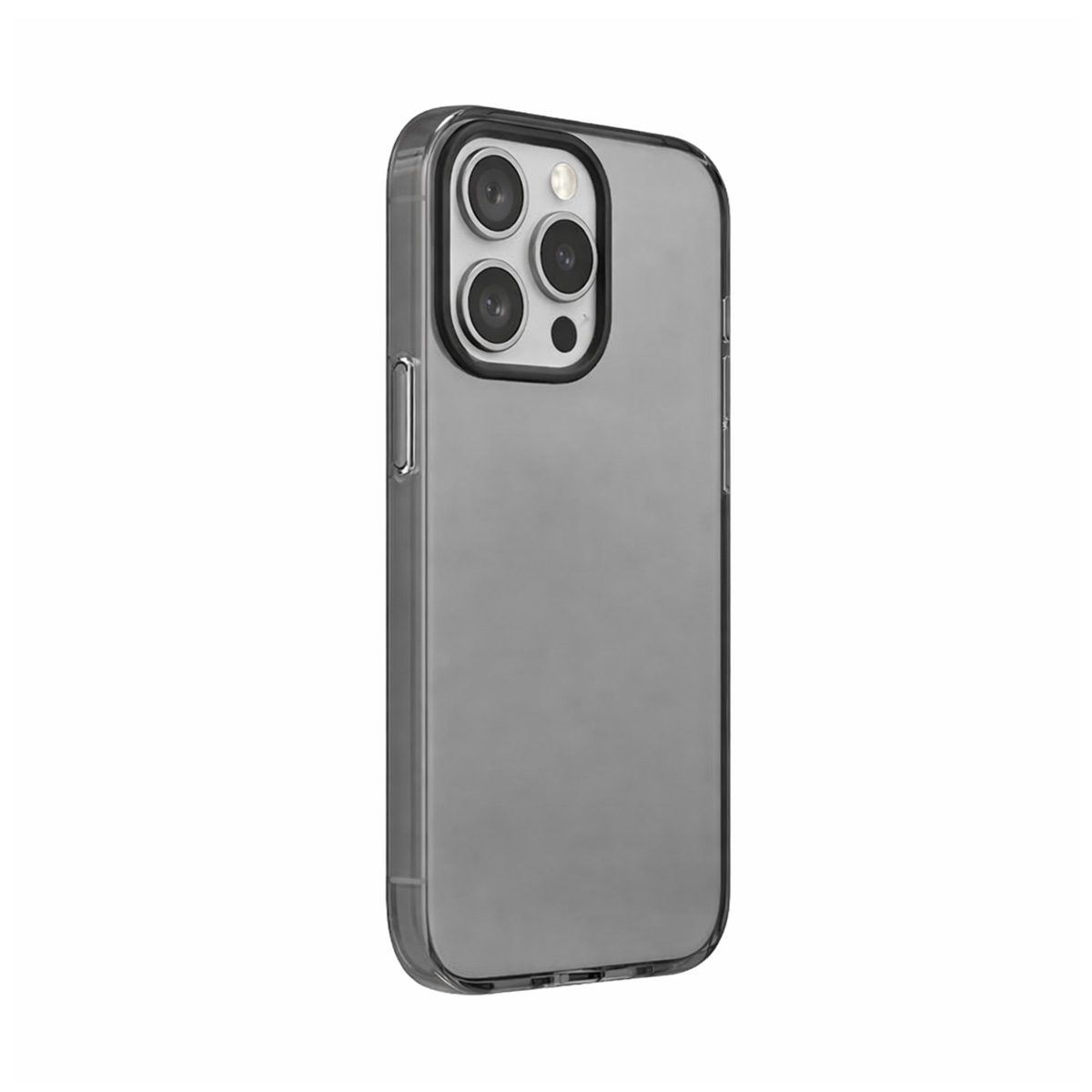 Custodia grigia per telefono con bordo nero e tre obiettivi della fotocamera su sfondo bianco.