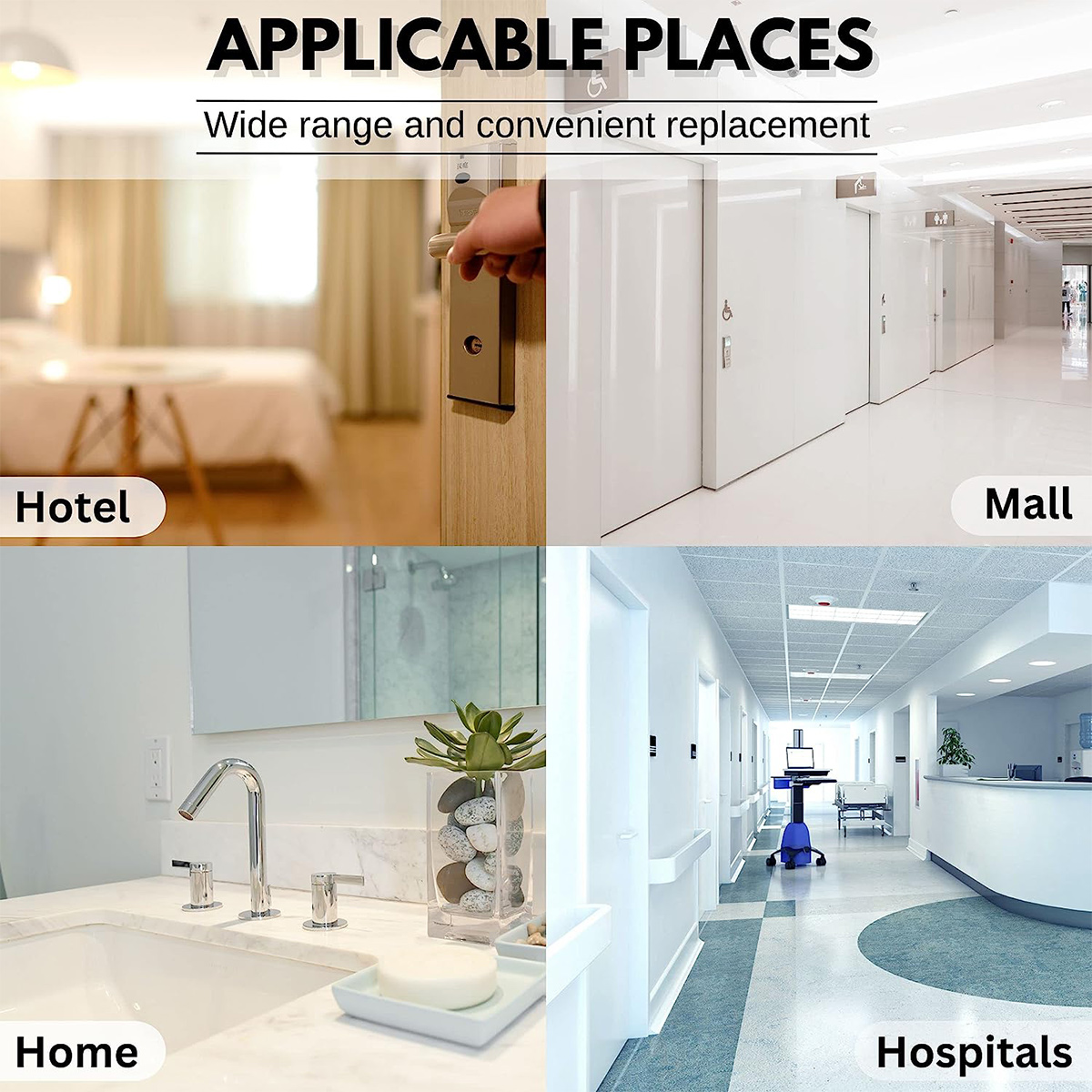 Vier Bilder: Hotelzimmer, Einkaufszentrumflur, Badezimmer und Krankenhausflur.