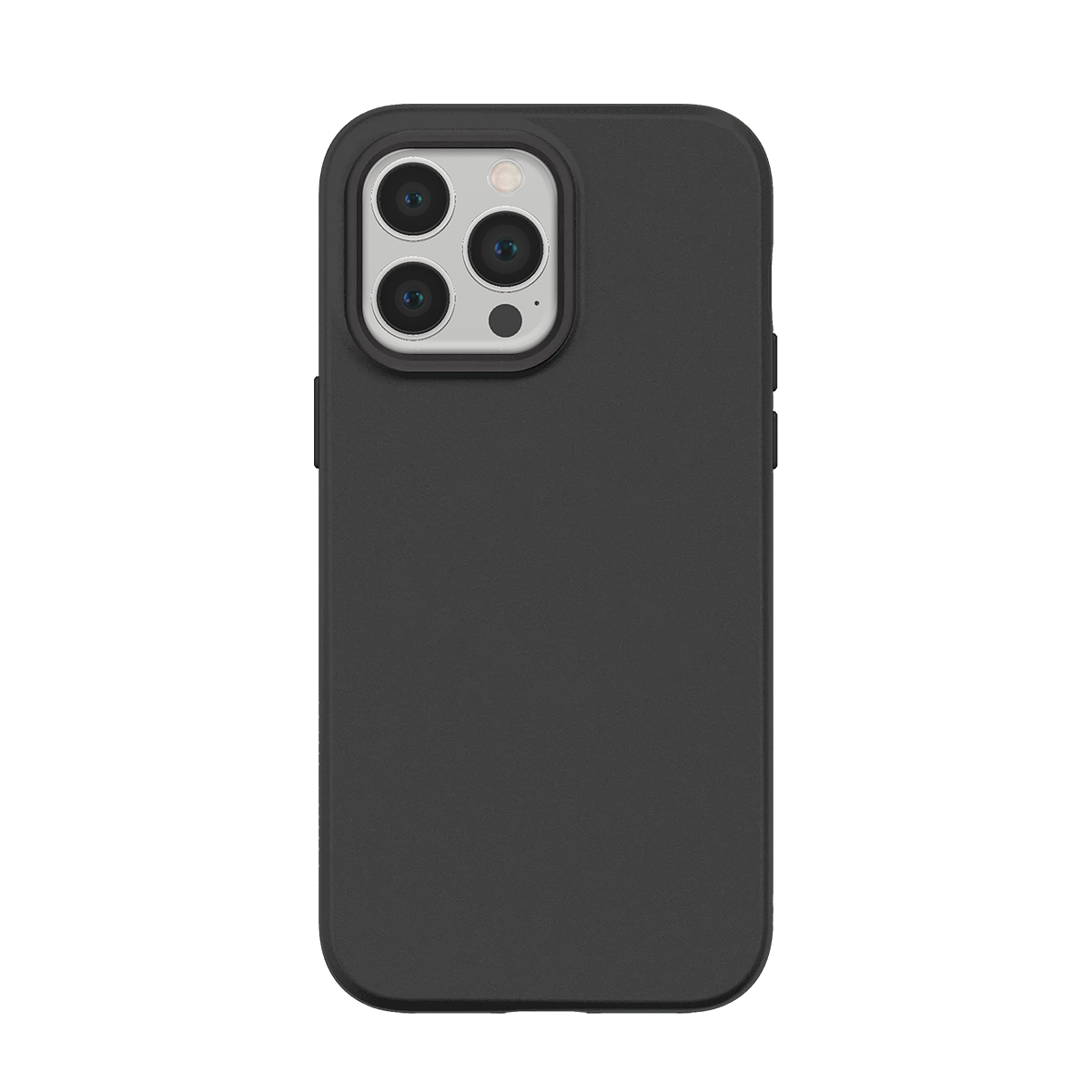 Custodia nera per telefono con tre fotocamere su sfondo bianco.