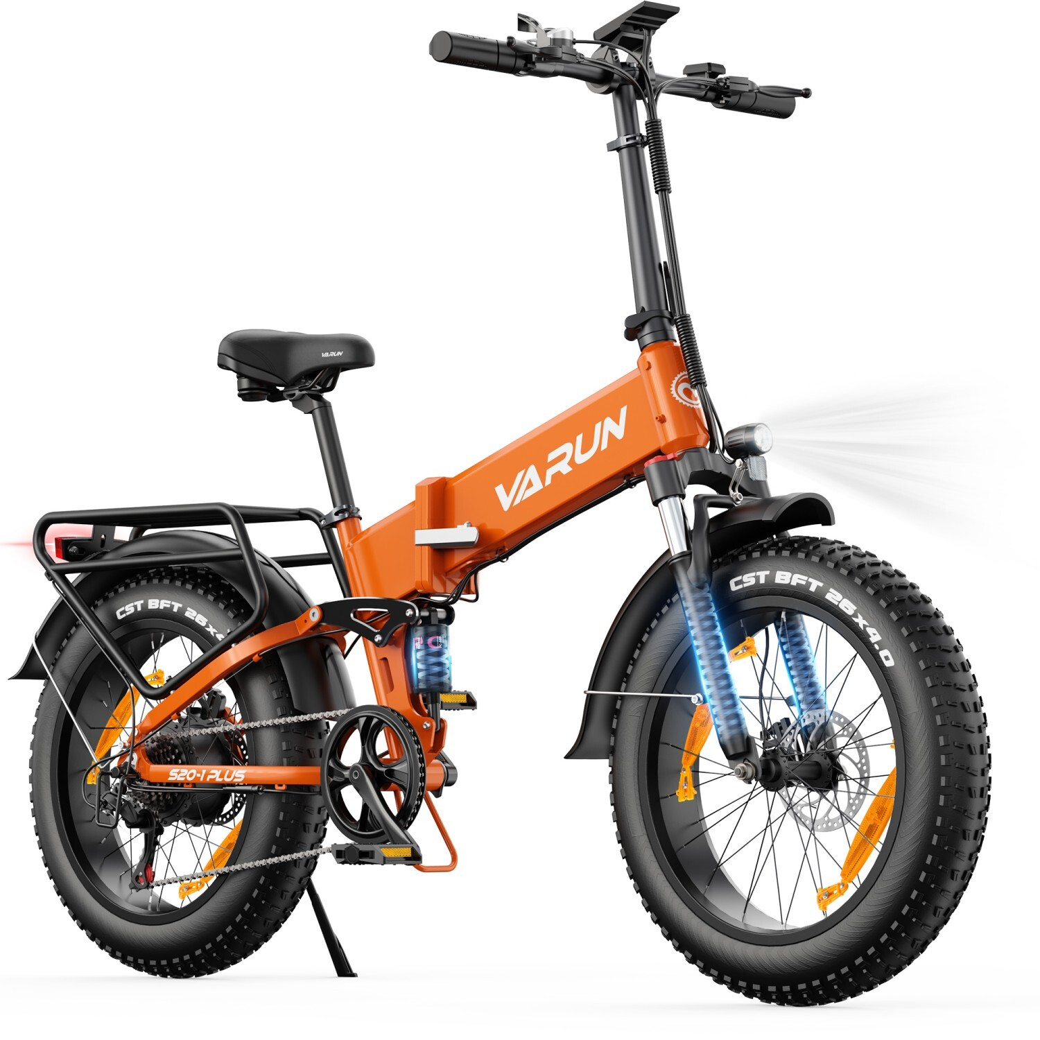 Pomarańczowy składany rower elektryczny z grubymi oponami, bagażnikiem i oświetlonym światłem.