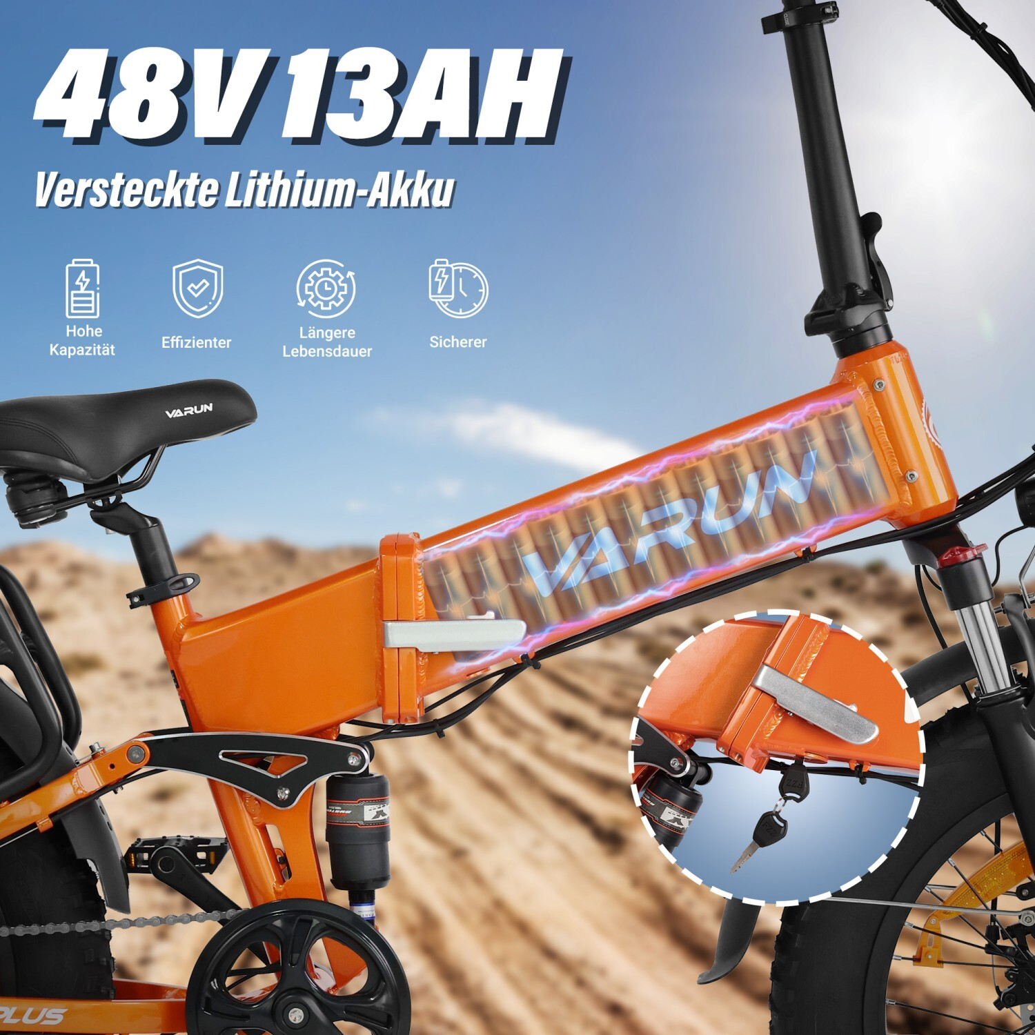 Pomarańczowy rower elektryczny z ukrytą baterią 48V 13AH, szczegół zamka.