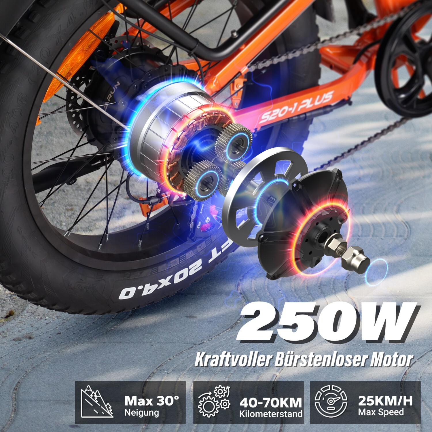 Pomarańczowa piasta tylnego koła roweru elektrycznego z silnikiem 250W, zębami i ekranem.