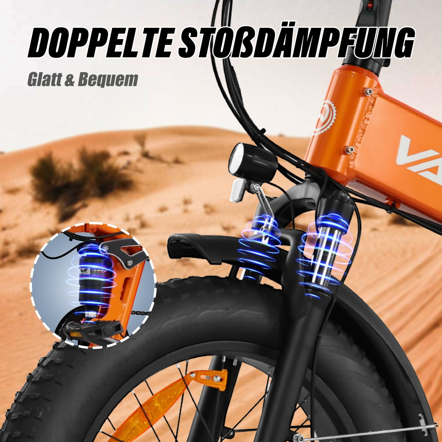 Pomarańczowy e-rower z podwójnym zawieszeniem na pustynnym tle.