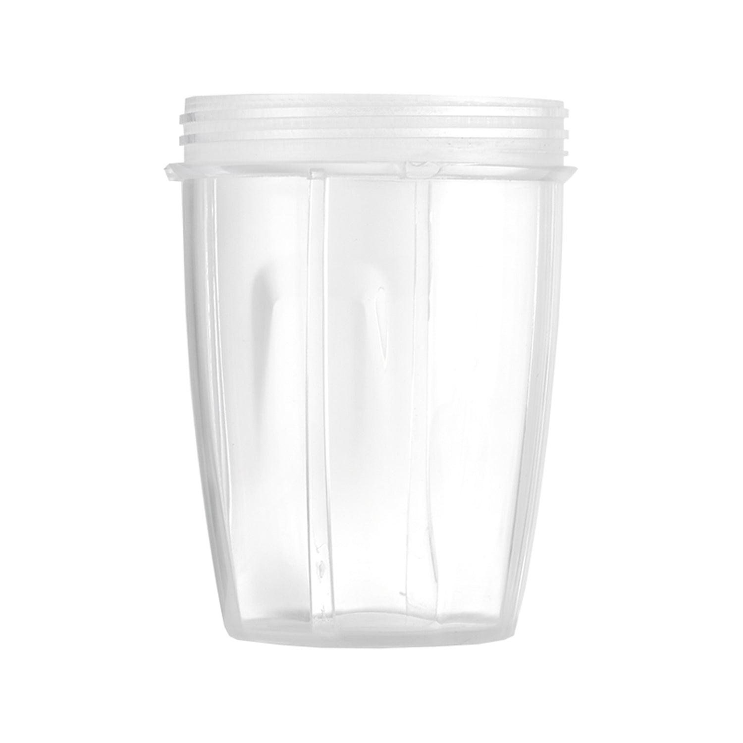 Una tazza trasparente con filettatura in alto, su sfondo bianco.