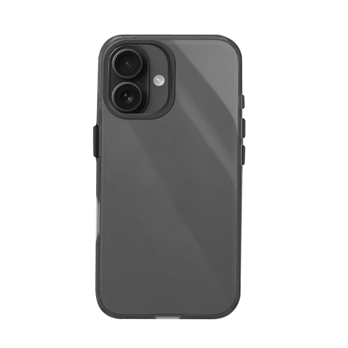 Téléphone gris foncé avec deux caméras et flash sur fond blanc.