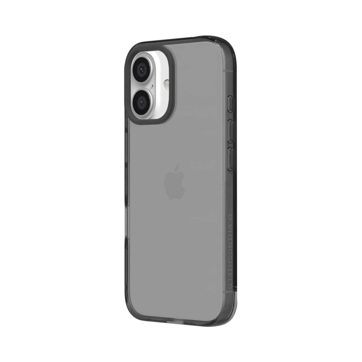 Coque iPhone grise avec deux caméras et logo Apple au dos.