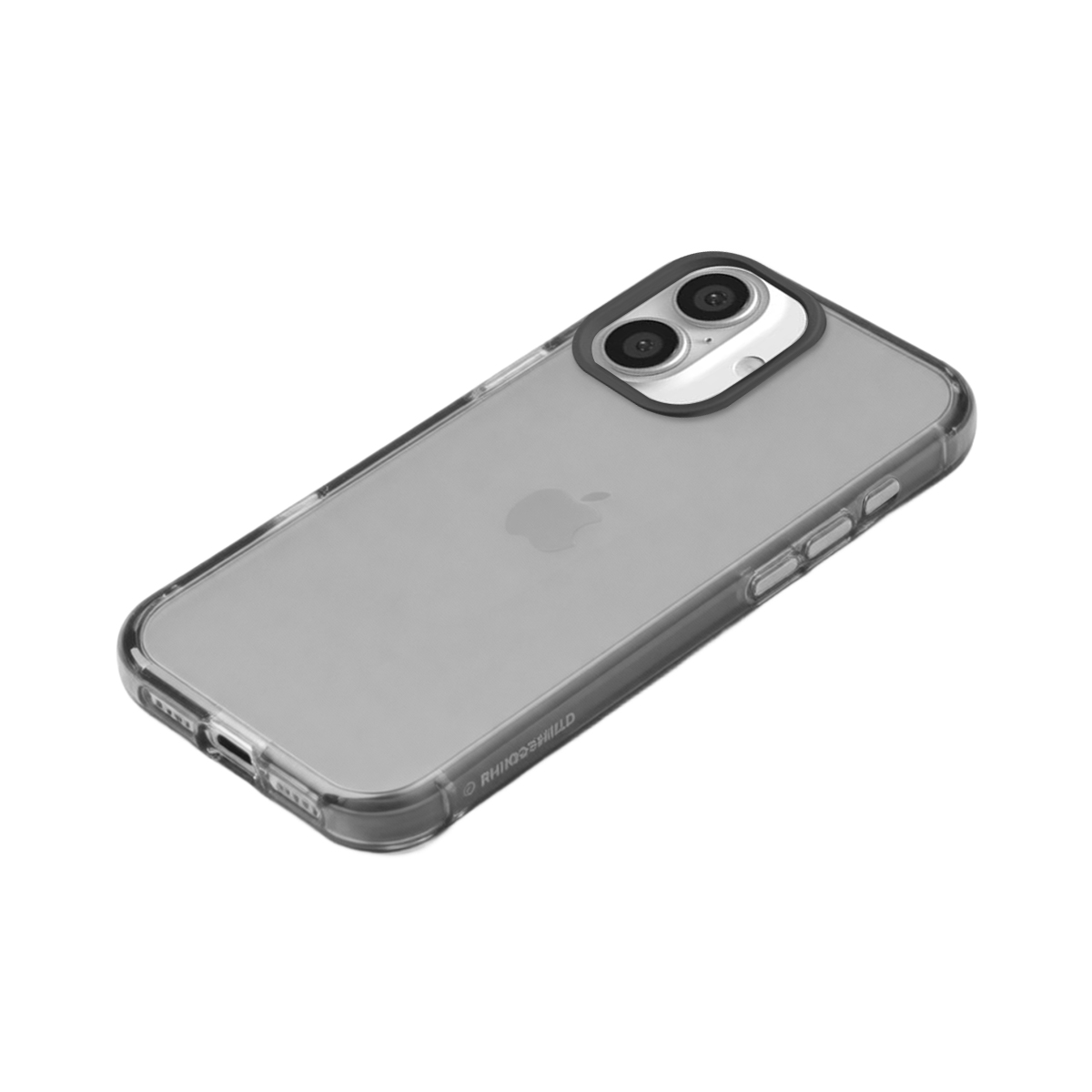 Une coque de téléphone transparente sur un iPhone gris avec un système à double caméra.