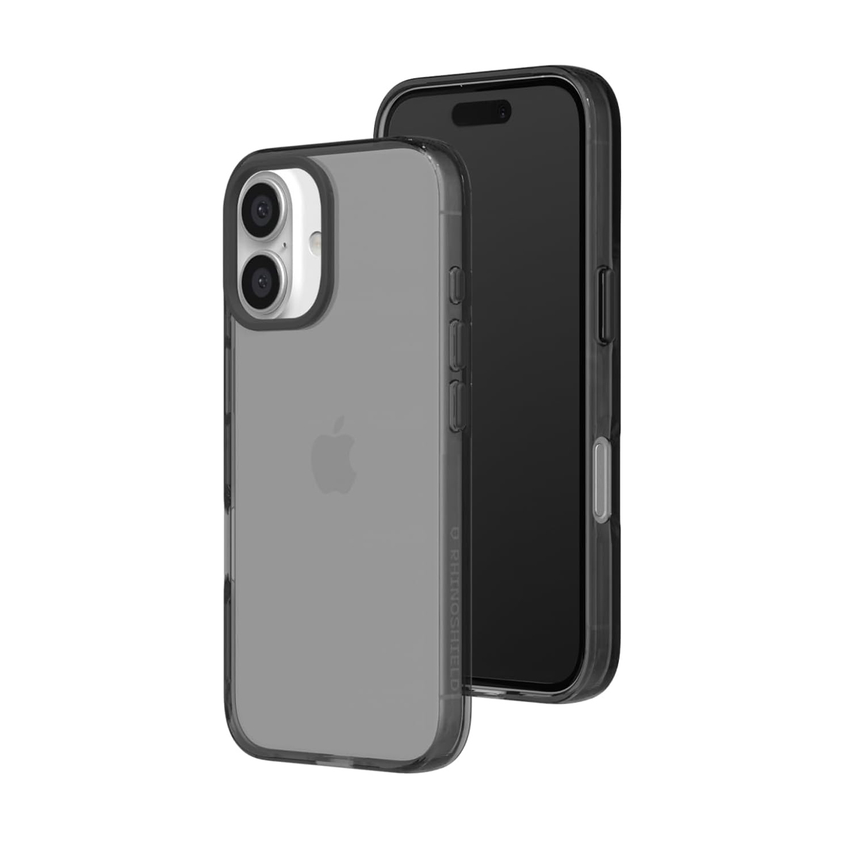 Une coque iPhone gris fumé avec double caméra arrière et un iPhone noir.