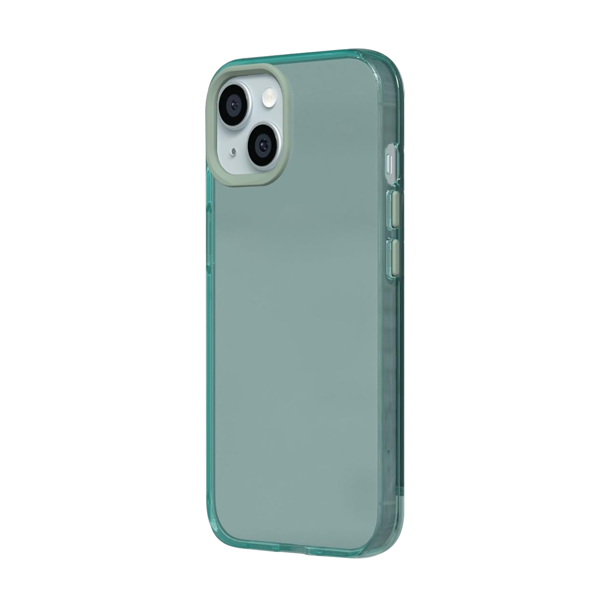 A translucent teal phone case with dual rear cameras and buttons on the side.