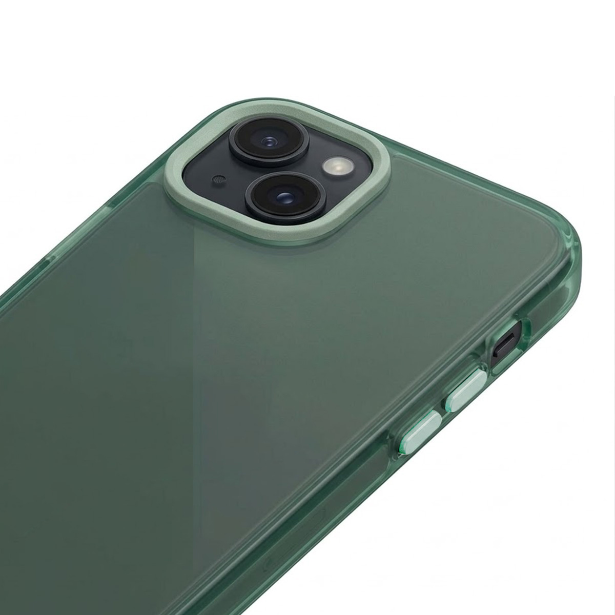Back view of a dark, translucent phone with two cameras and a light green rim.