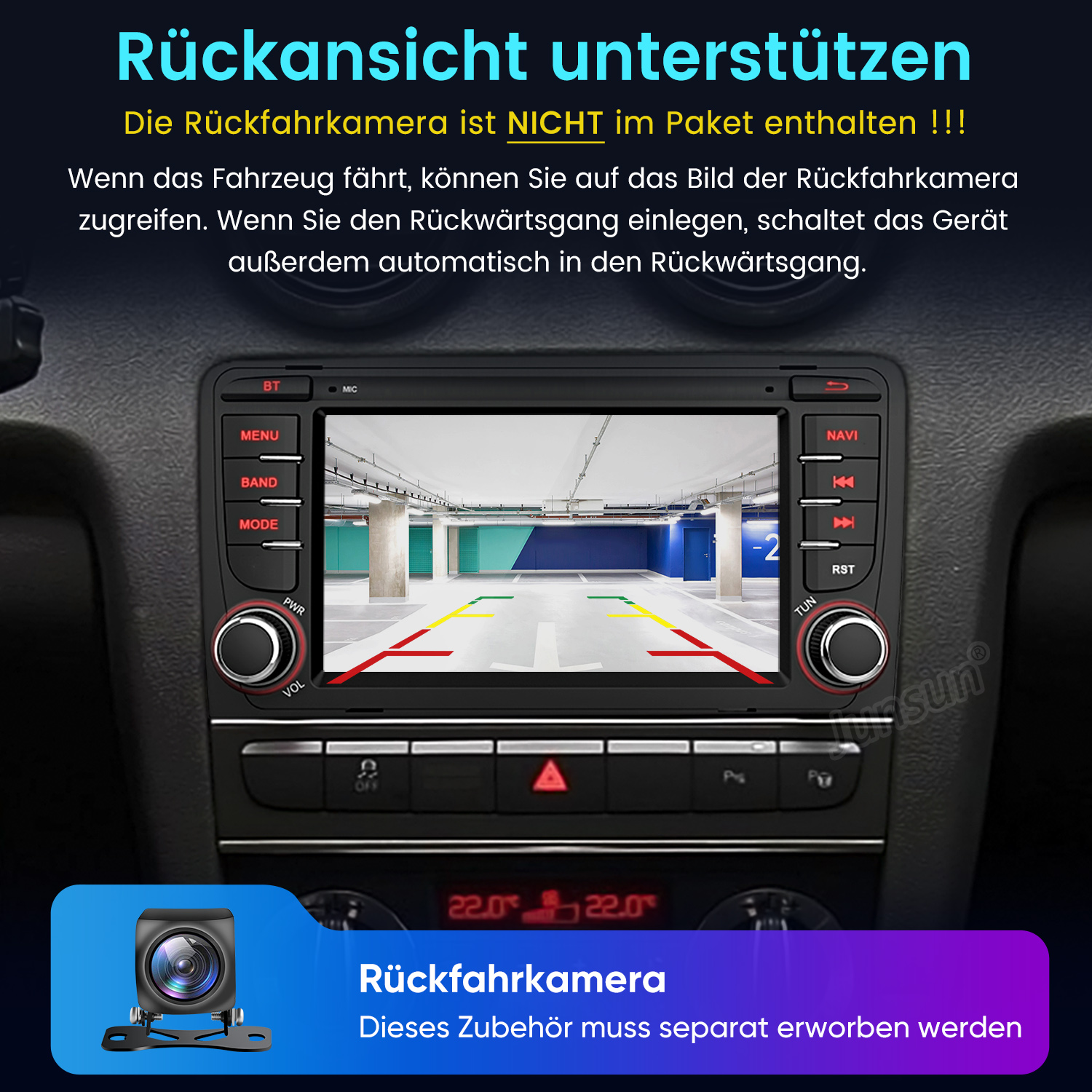 Auto-Rückfahrkamera-Ansicht auf dem Infotainment-Bildschirm, mit Parklinien.