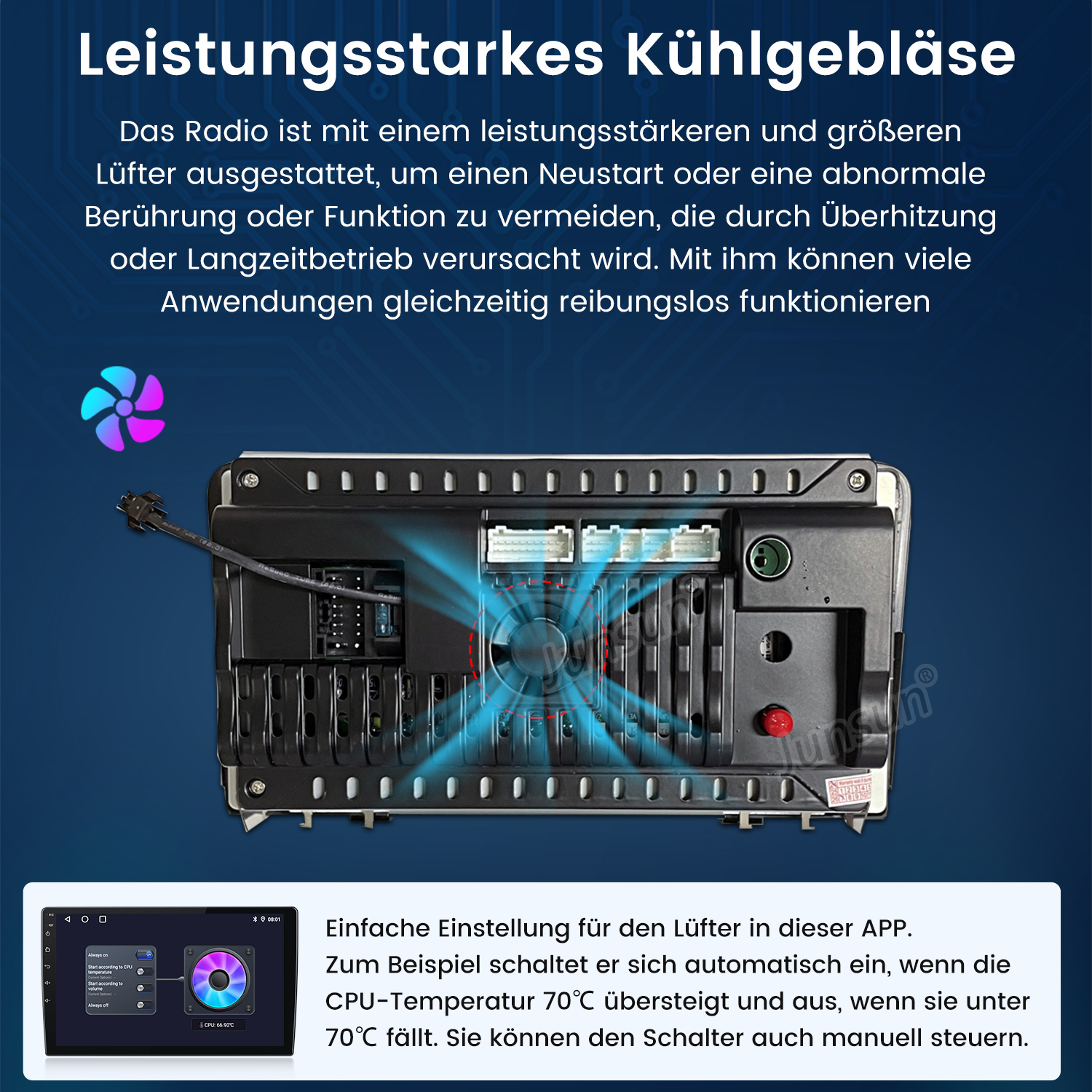 Rückseite eines Autoradios mit Lüfter und App-Steuerung.