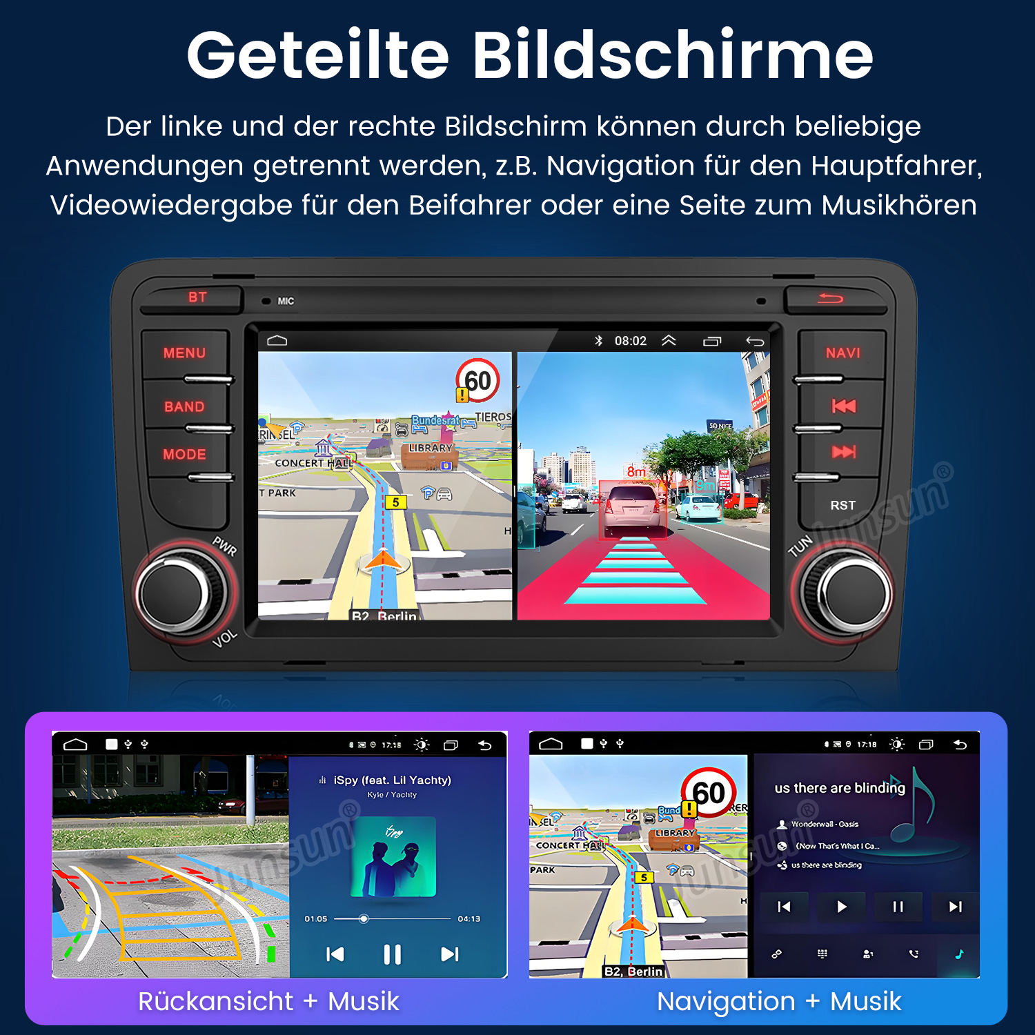 Ein Autoradio mit geteiltem Bildschirm zeigt Navigation und Musikplayer.