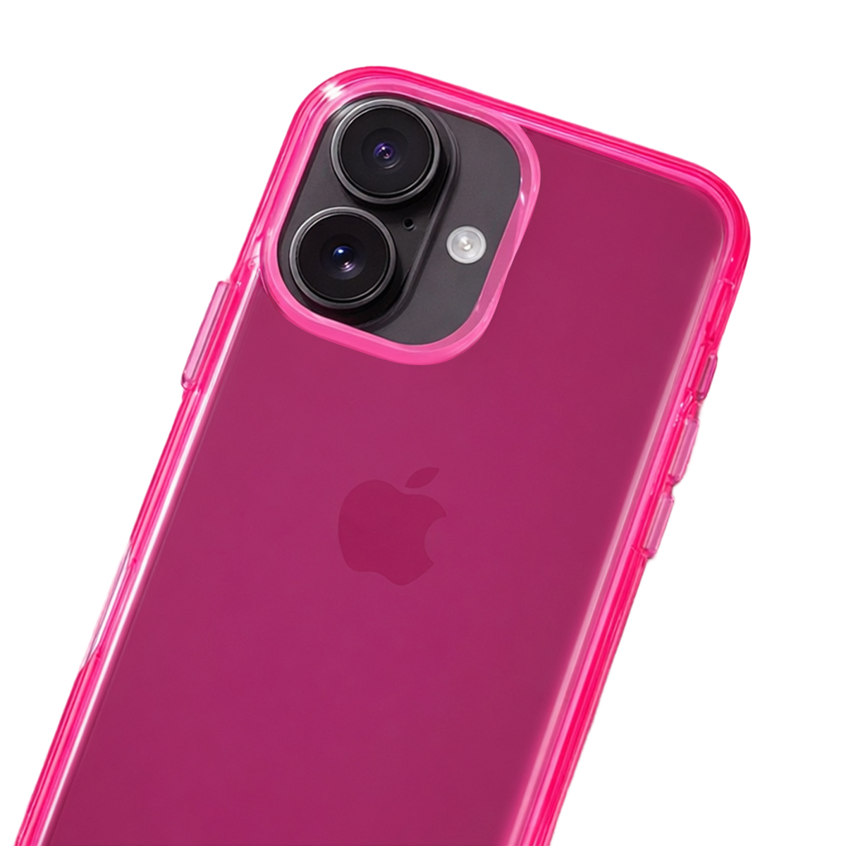 Une coque rose vif pour iPhone avec double appareil photo et logo Apple.
