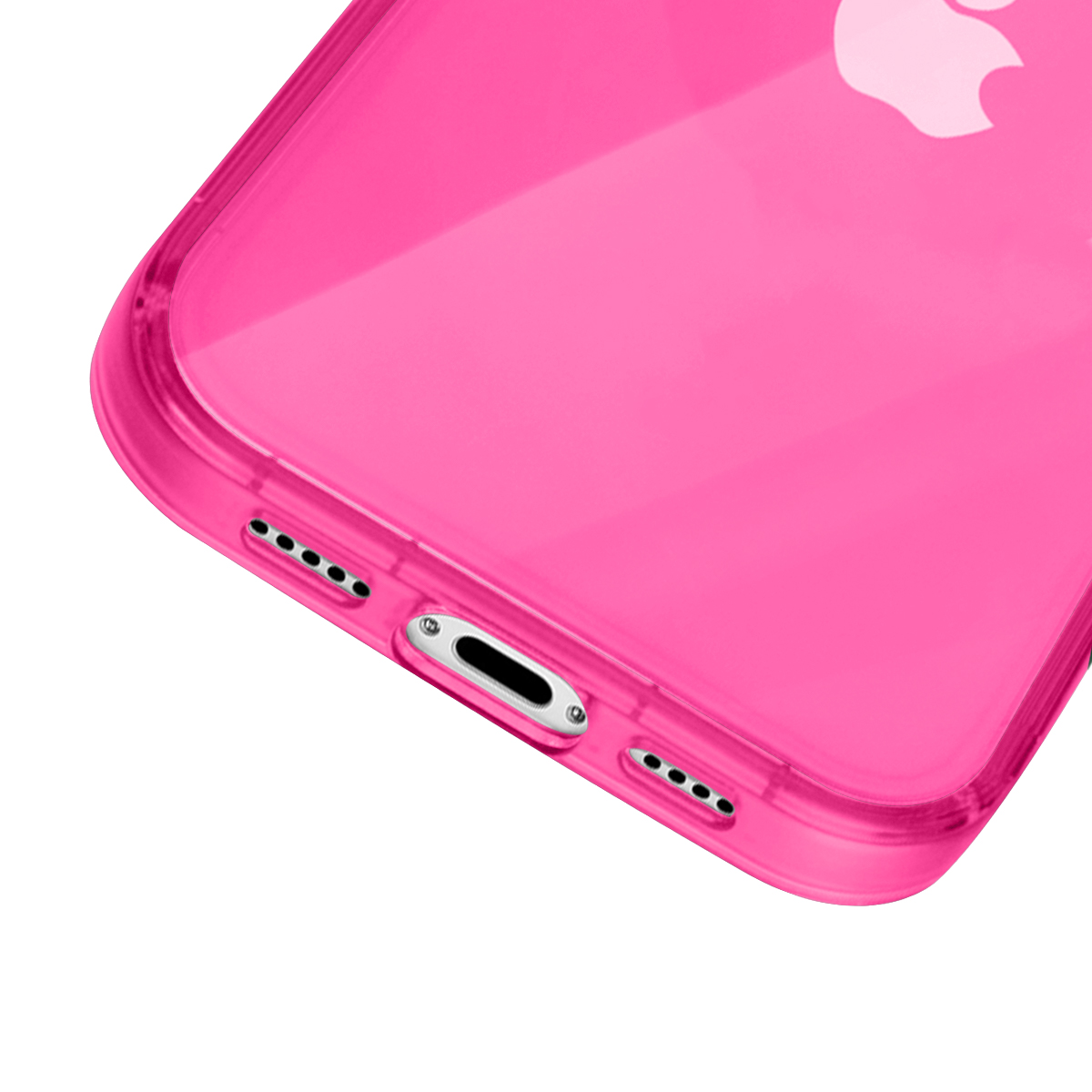 Gros plan d'une coque iPhone rose transparente montrant le bord inférieur et les ports.
