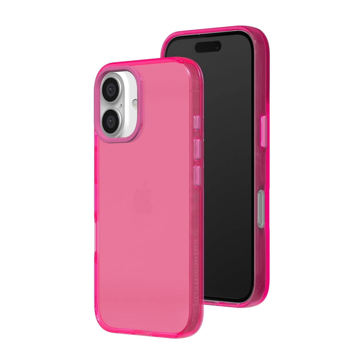 Une coque rose pour iPhone est devant un iPhone noir.