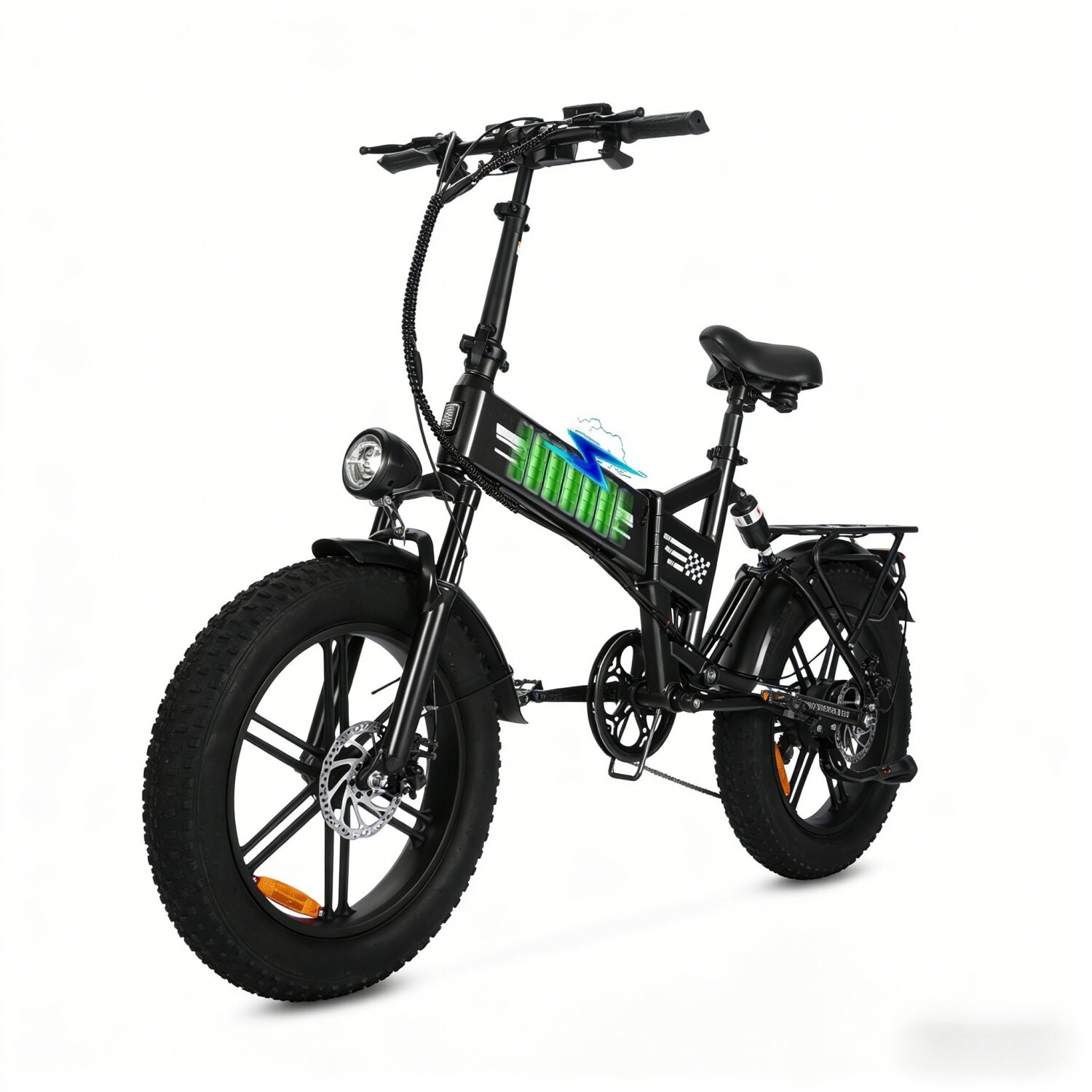 Czarny rower elektryczny z grubymi oponami, amortyzacją i bagażnikiem. Jasny reflektor z przodu.