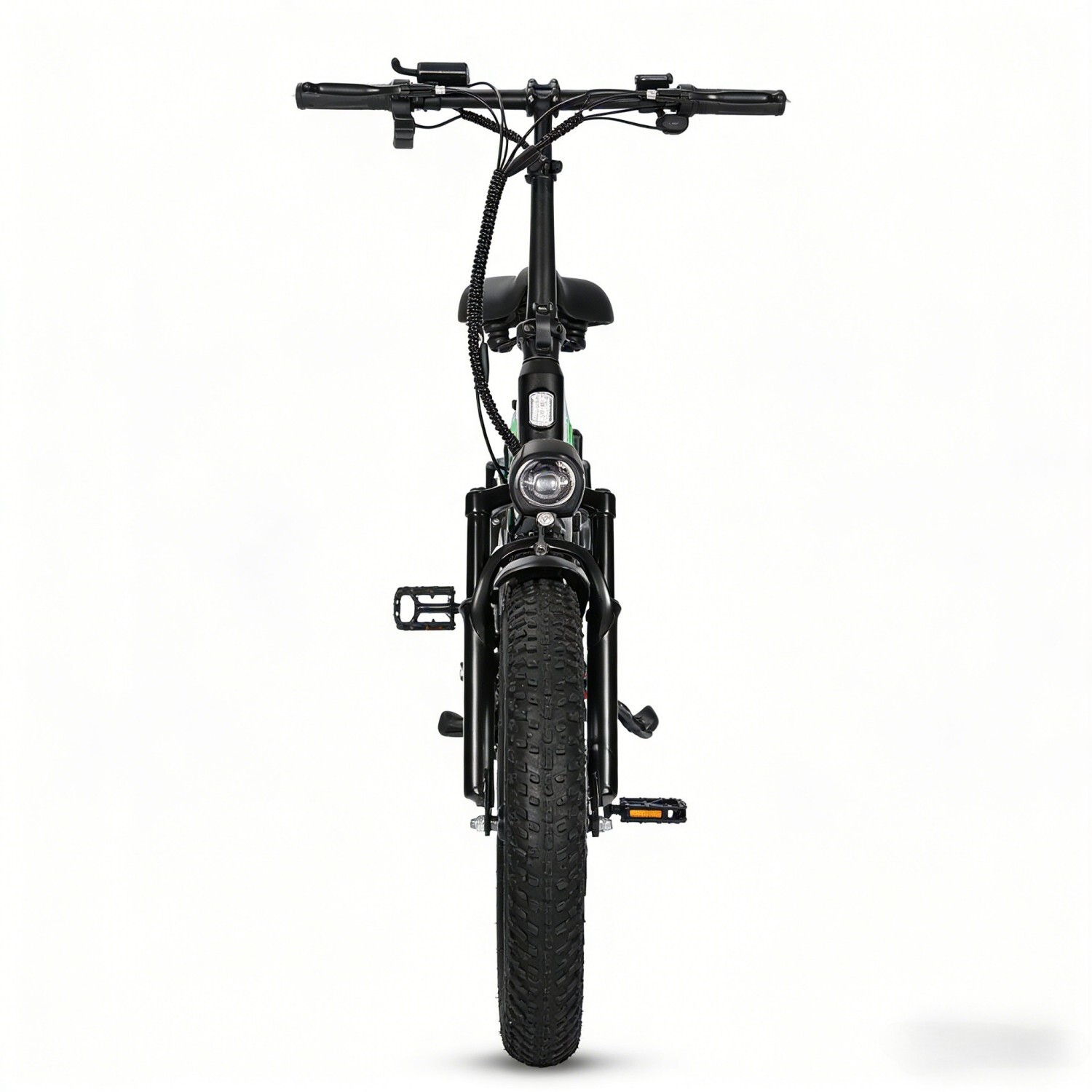 Widok z przodu czarnego składanego roweru elektrycznego z grubymi oponami i światłem LED.