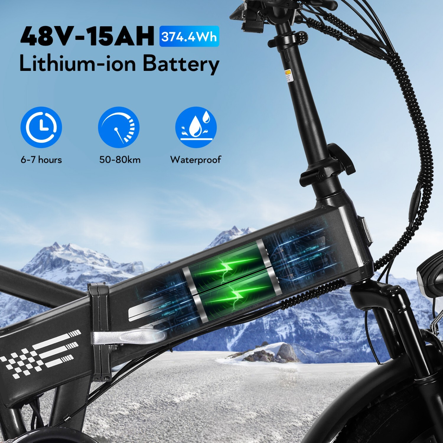 Czarny rower elektryczny z widoczną baterią litowo-jonową 48V-15AH, 374,4Wh.