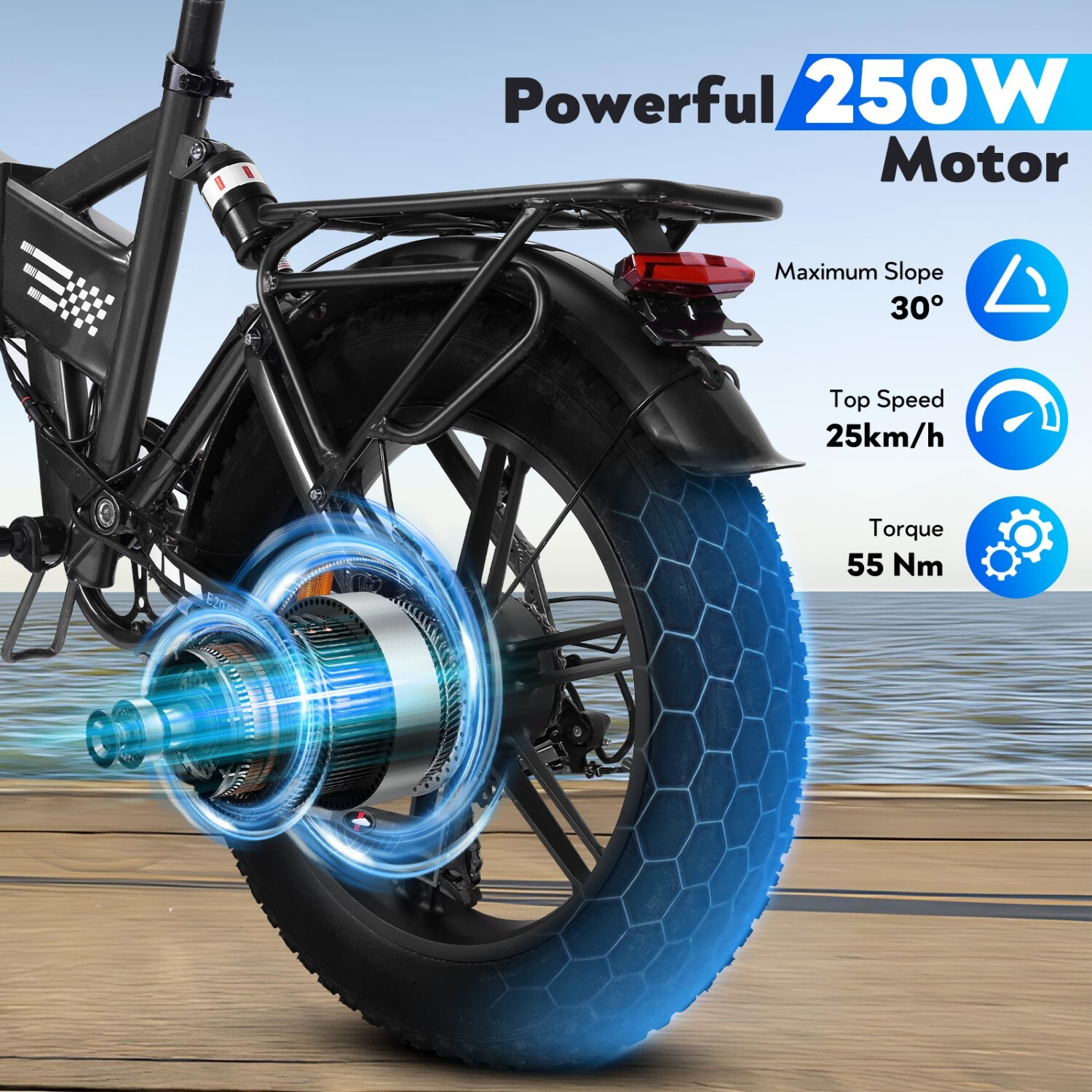 Czarny rower elektryczny: silnik 250W, nachylenie 30°, 25 km/h, moment 55 Nm.