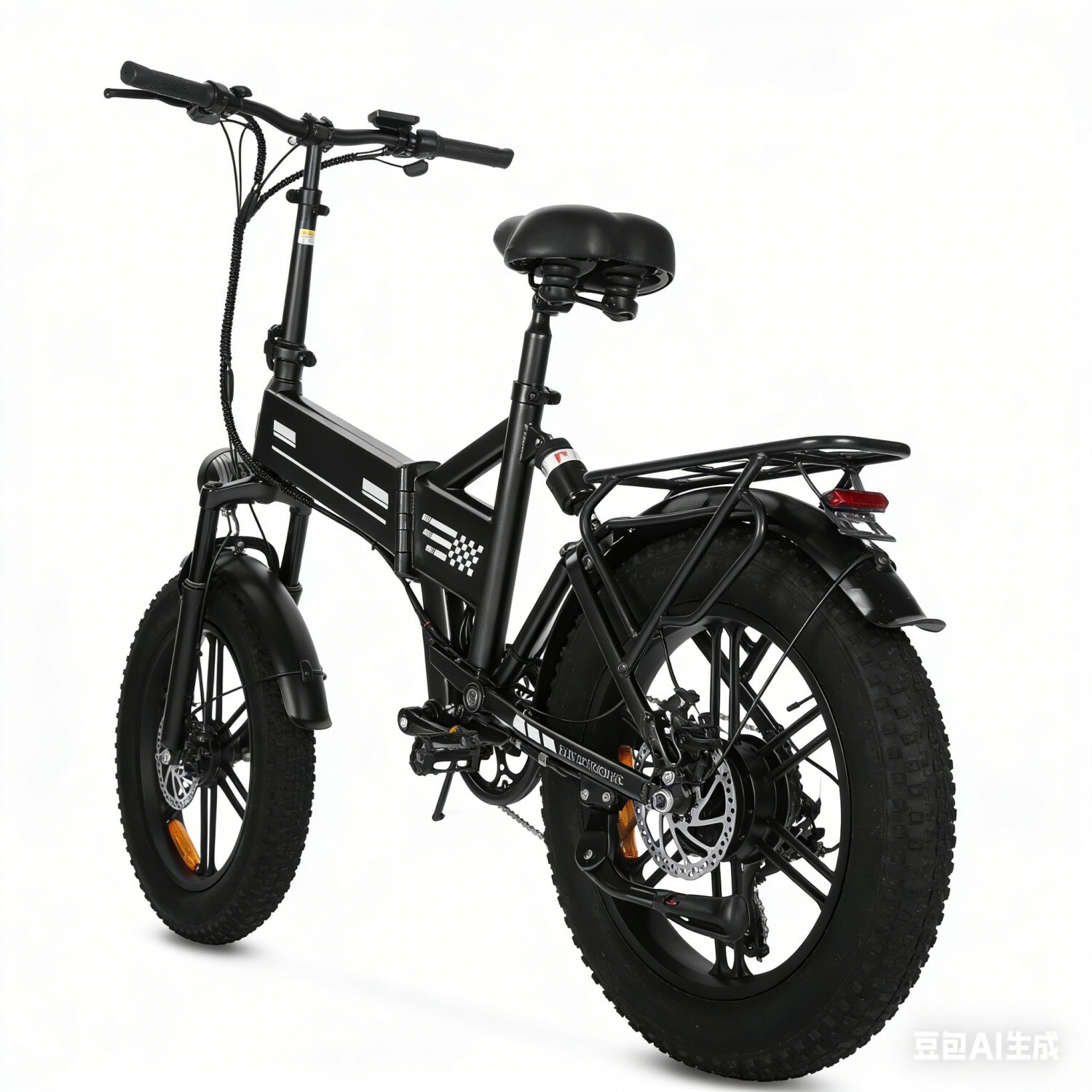 Czarny składany rower elektryczny typu fatbike z bagażnikiem, pokazany z tyłu po prawej.