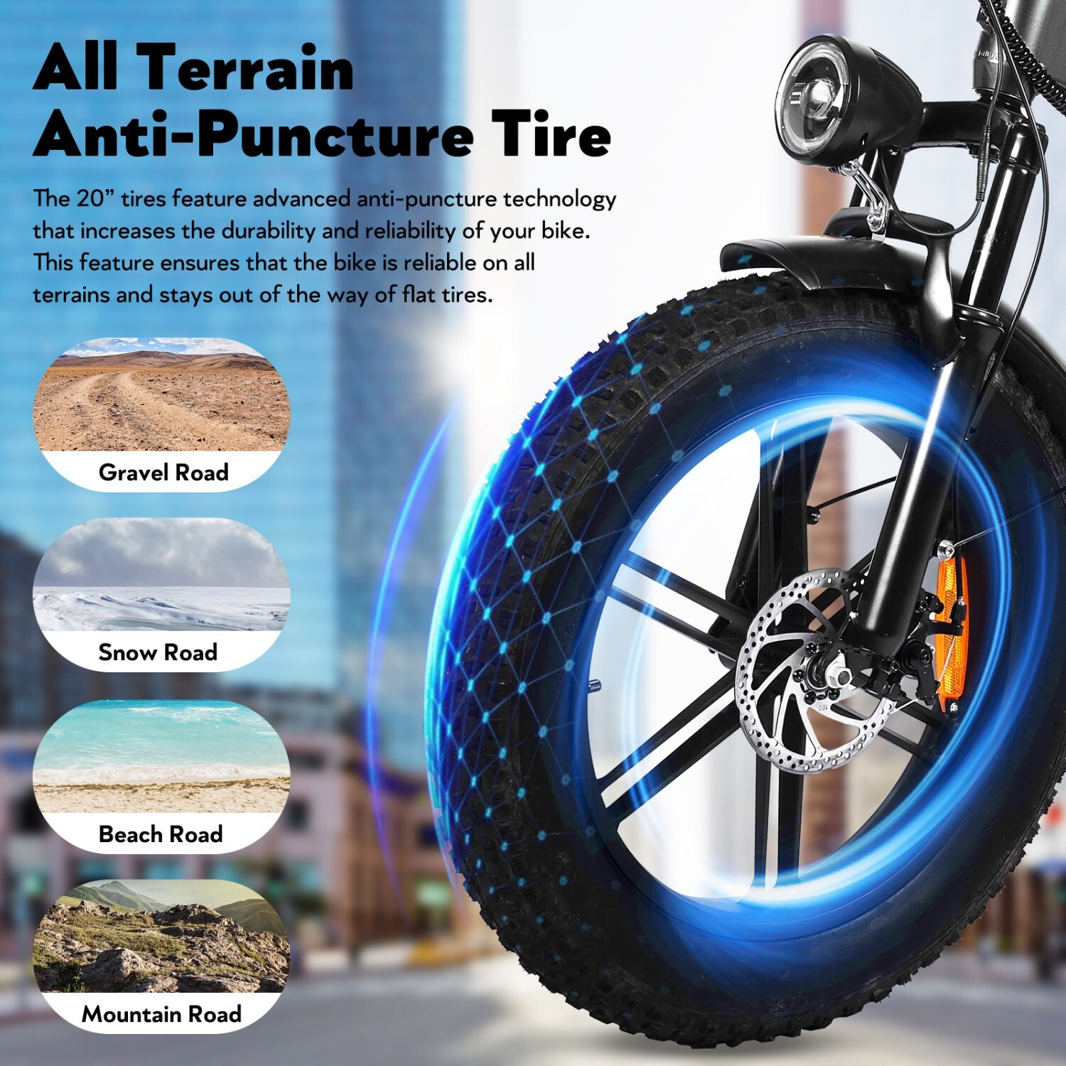 Opona rowerowa z niebieskim wzorem siatki, reklamująca przydatność na tereny szutrowe, śnieżne, plażowe i górskie.