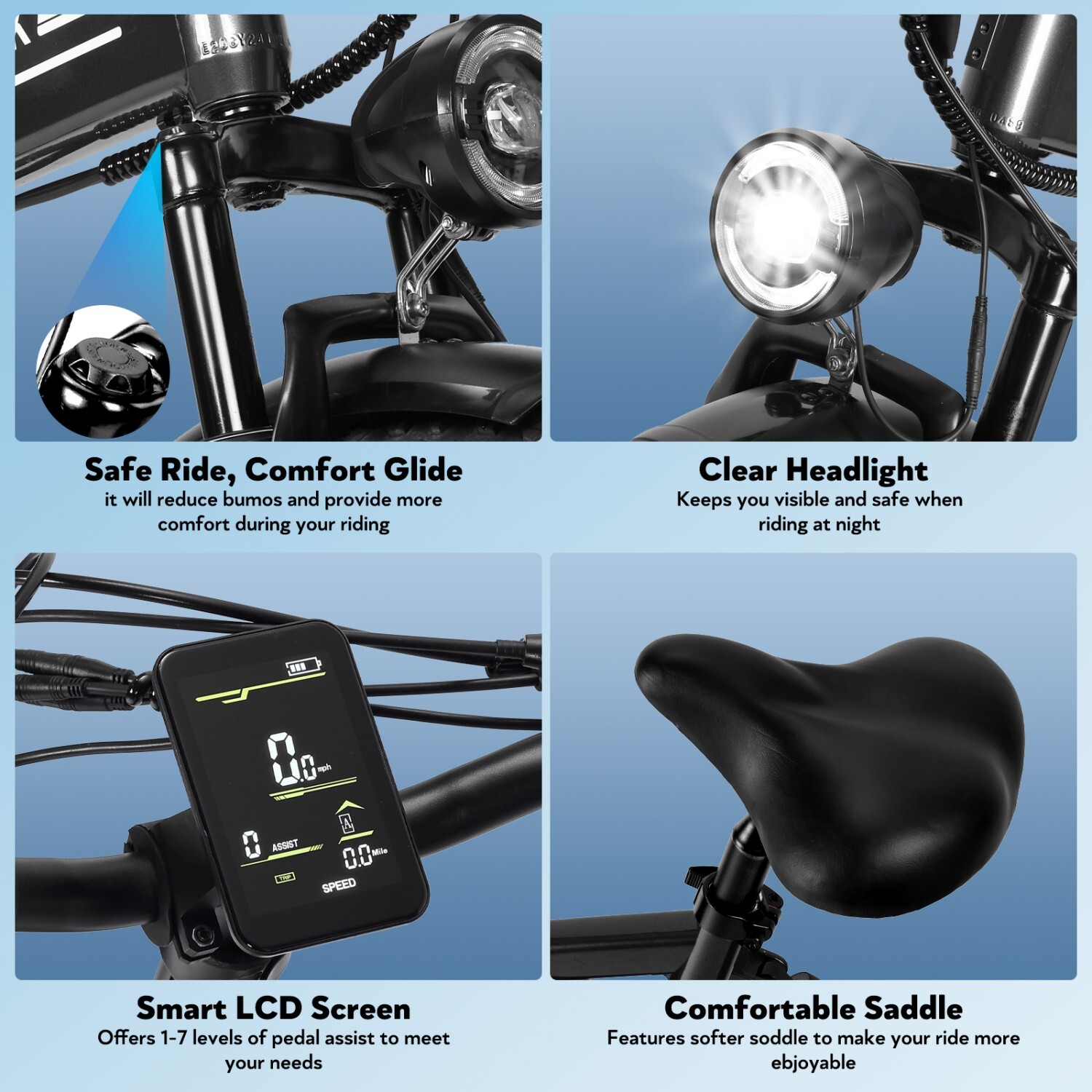 Cechy roweru elektrycznego: bezpieczna jazda, jasny reflektor, ekran LCD i wygodne siodełko.