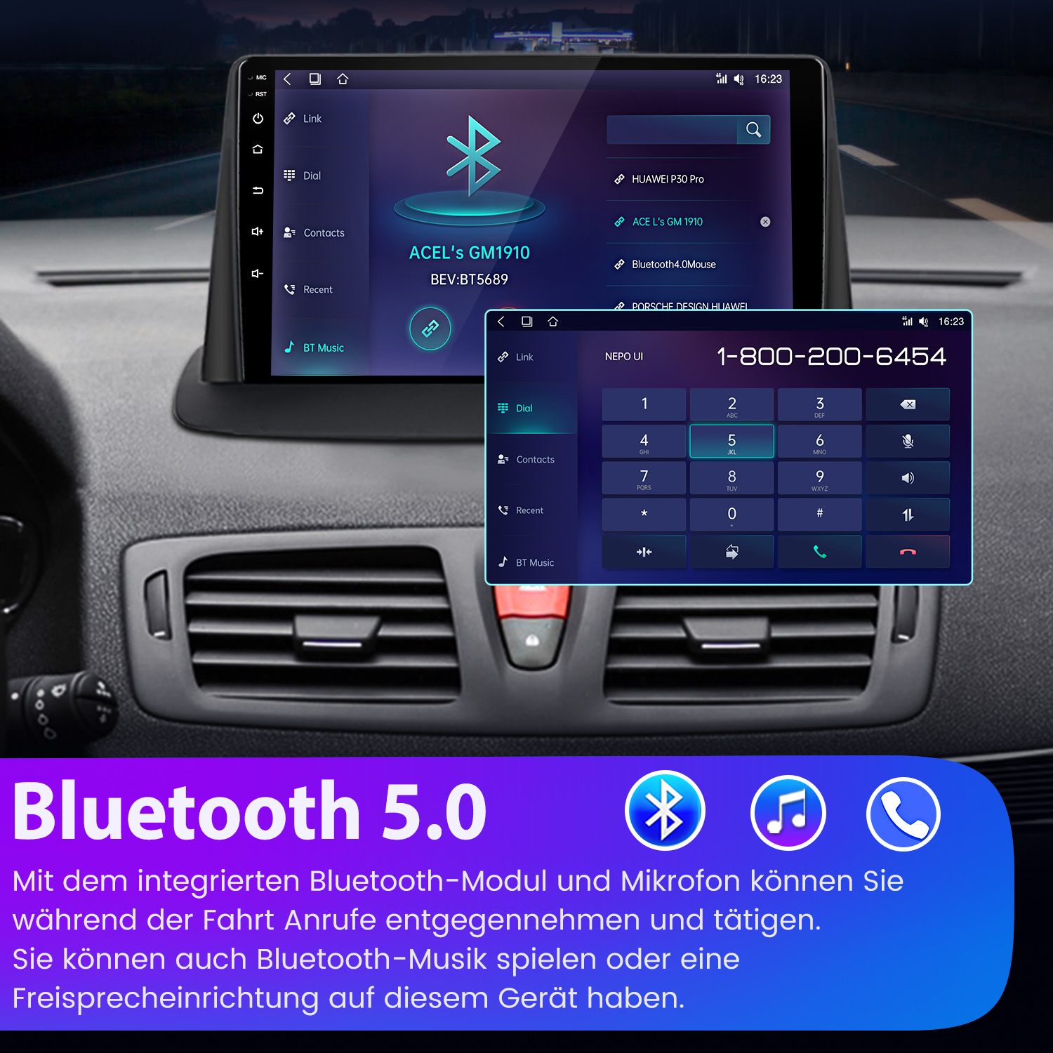 Auto-Infotainment-System mit Bluetooth-Telefonie und Musikwiedergabe.