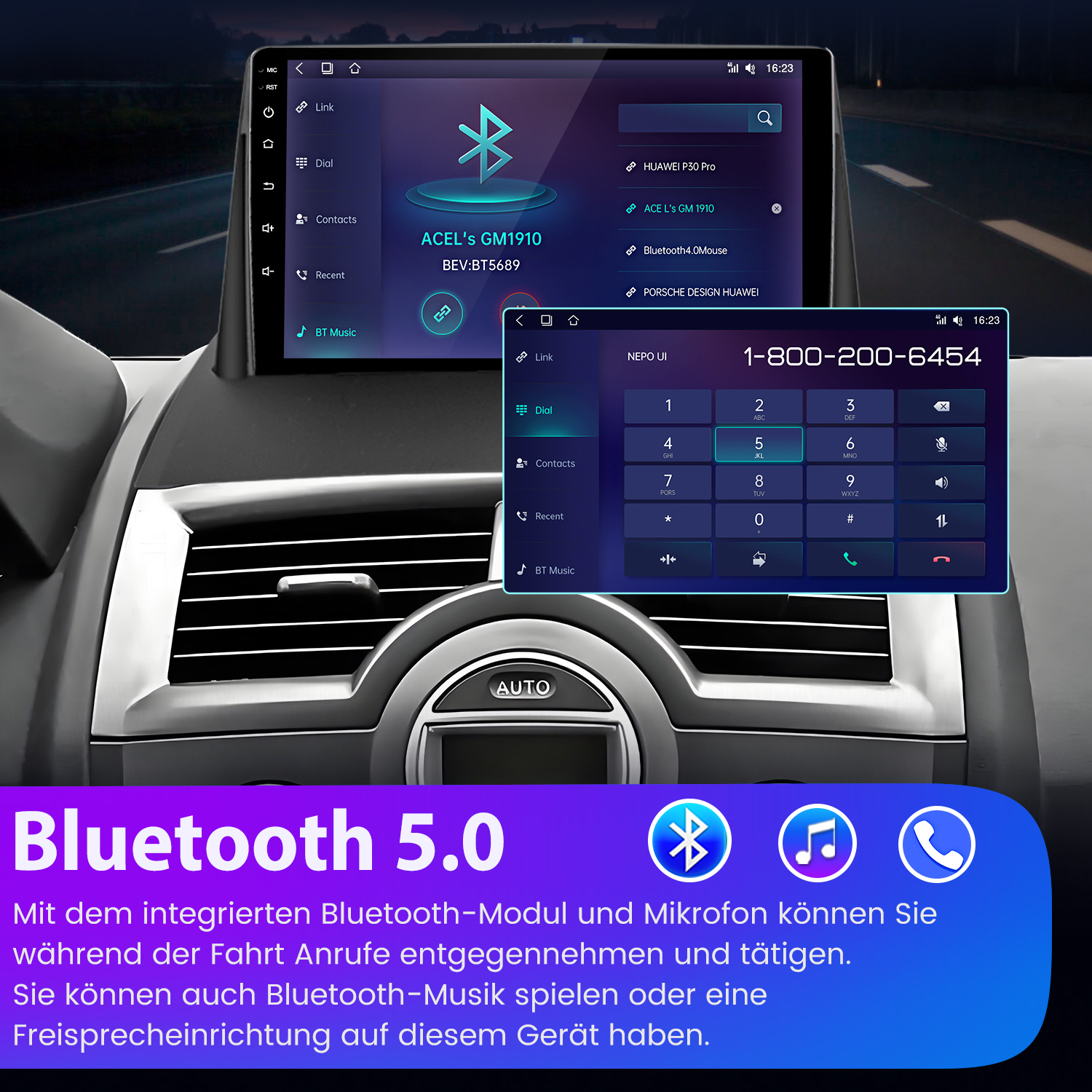 Ein Auto-Infotainmentsystem zeigt Bluetooth-Verbindungen und ein Wählfeld.